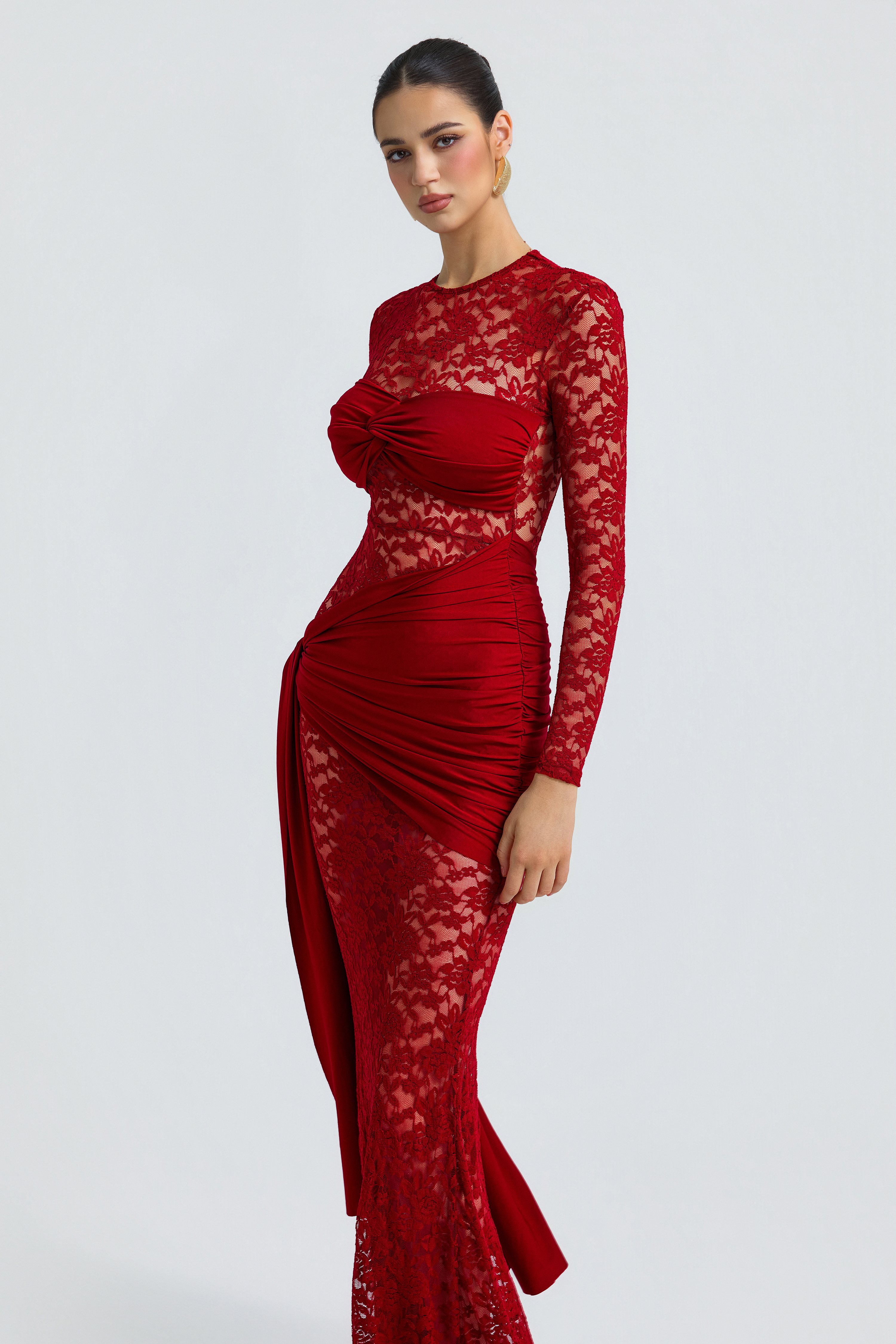 Jersey Splicing Lace Long Sleeve Maxi Dress