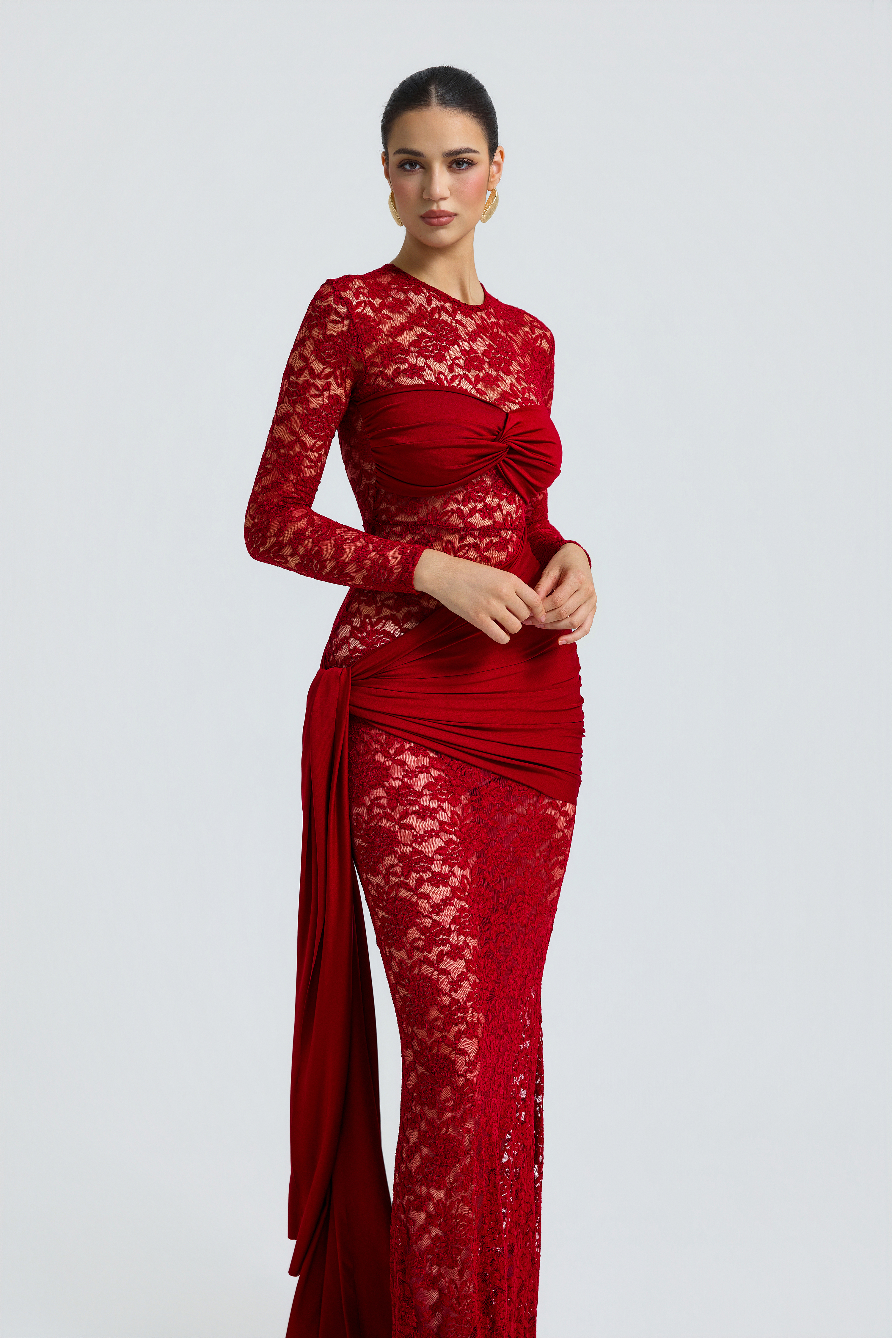 Jersey Splicing Lace Long Sleeve Maxi Dress
