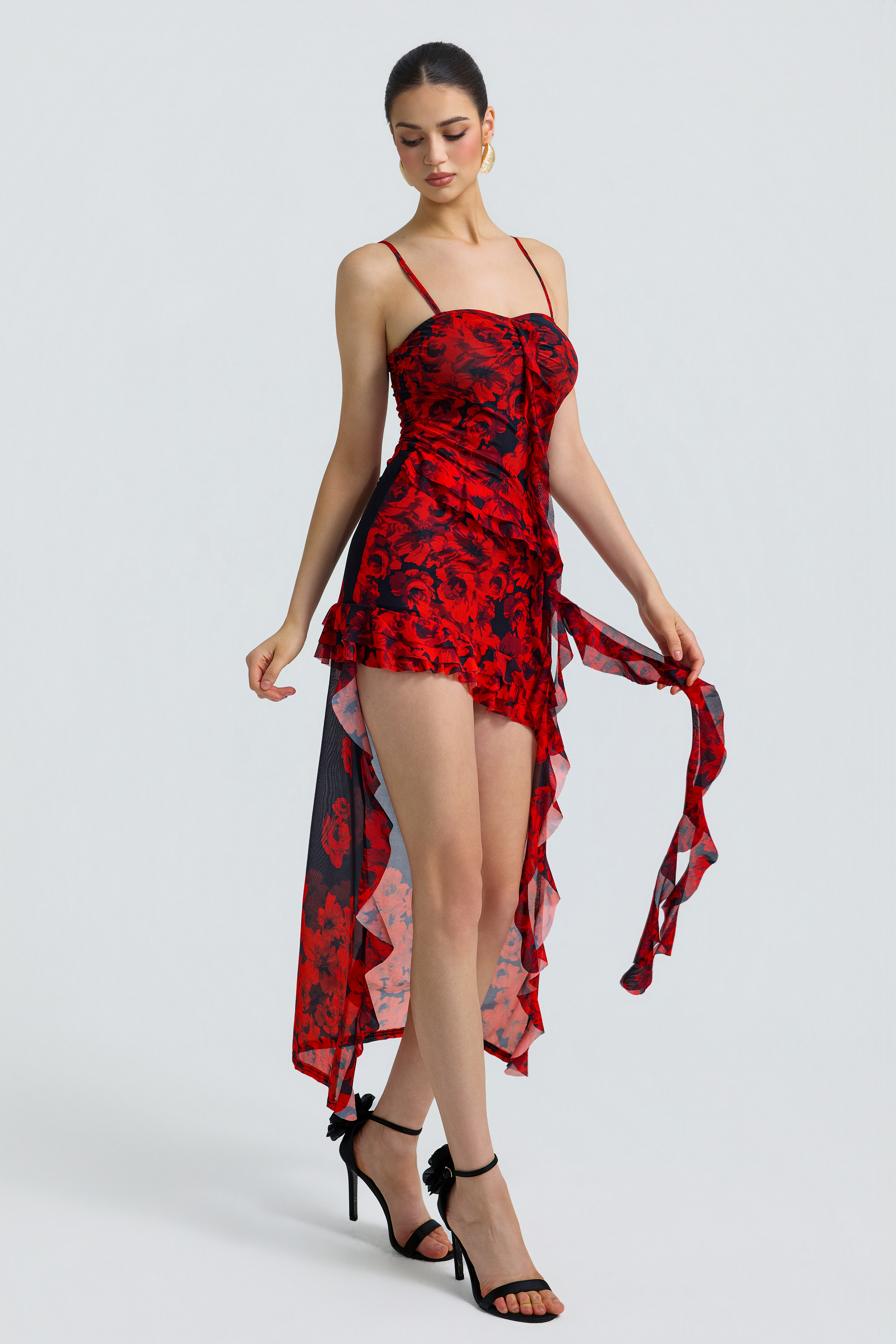 Mesh Floral Ruffle Mini Dress