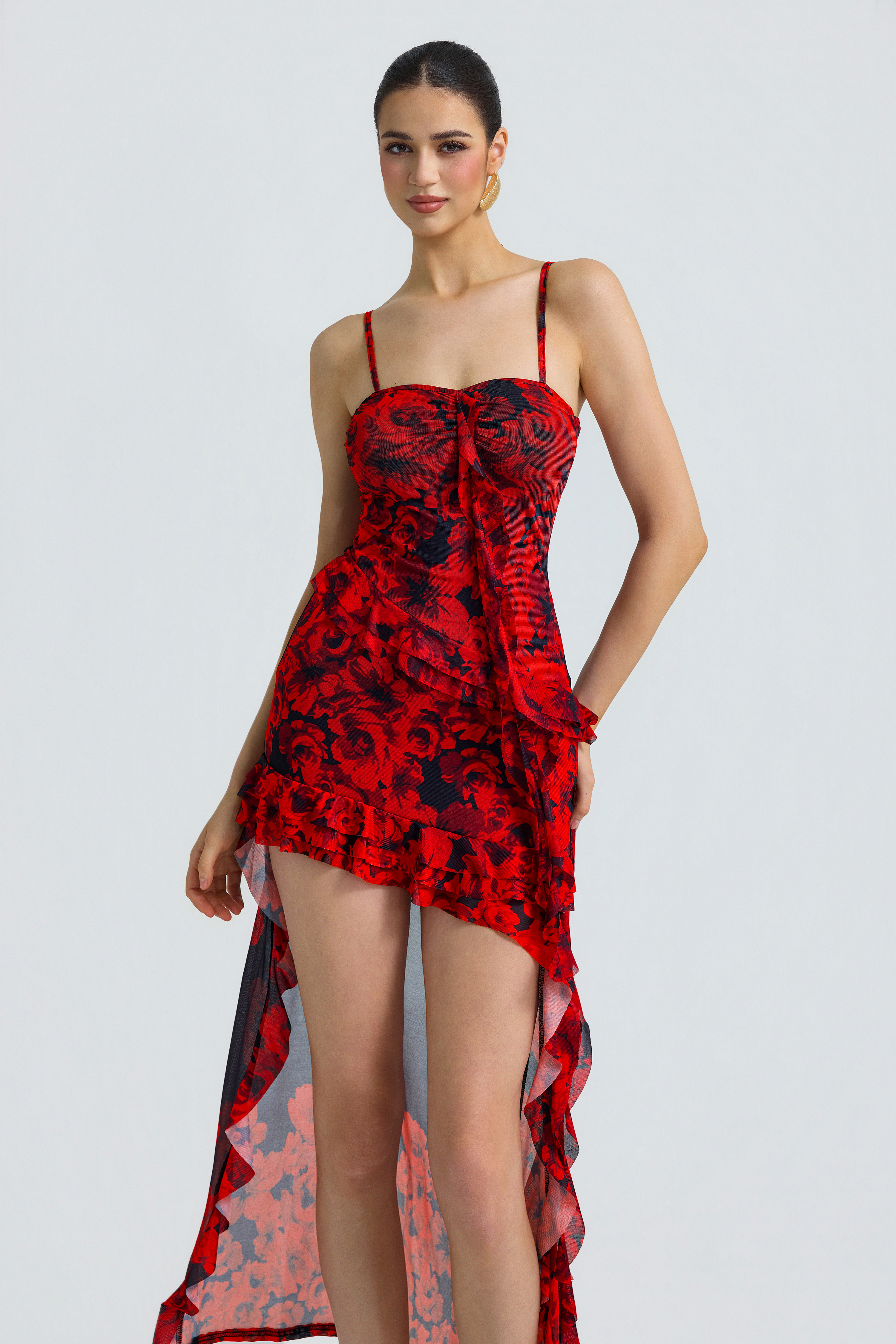 Mesh Floral Ruffle Mini Dress