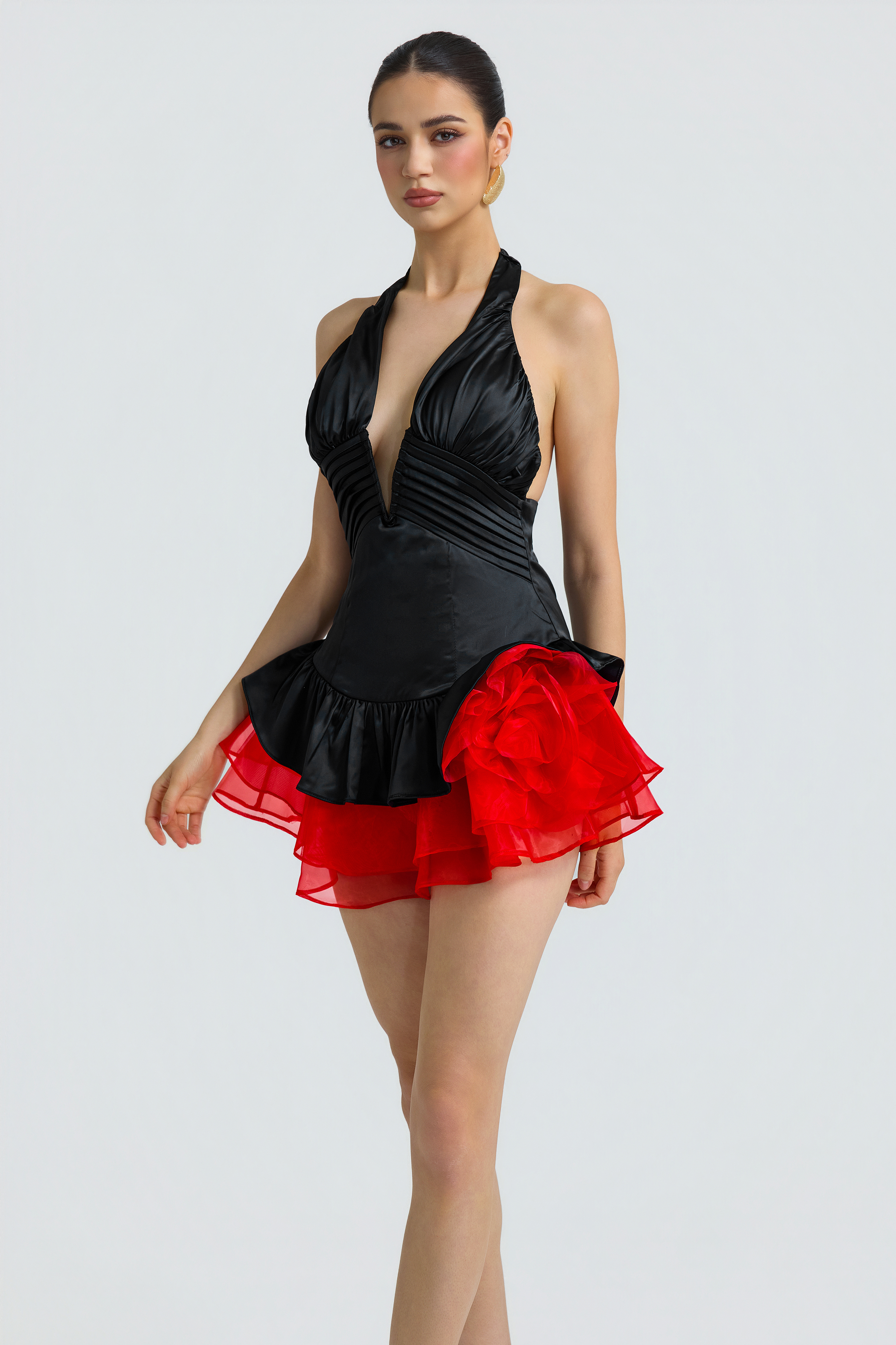 Satin Splicing Organza V-Neck Mini Dress