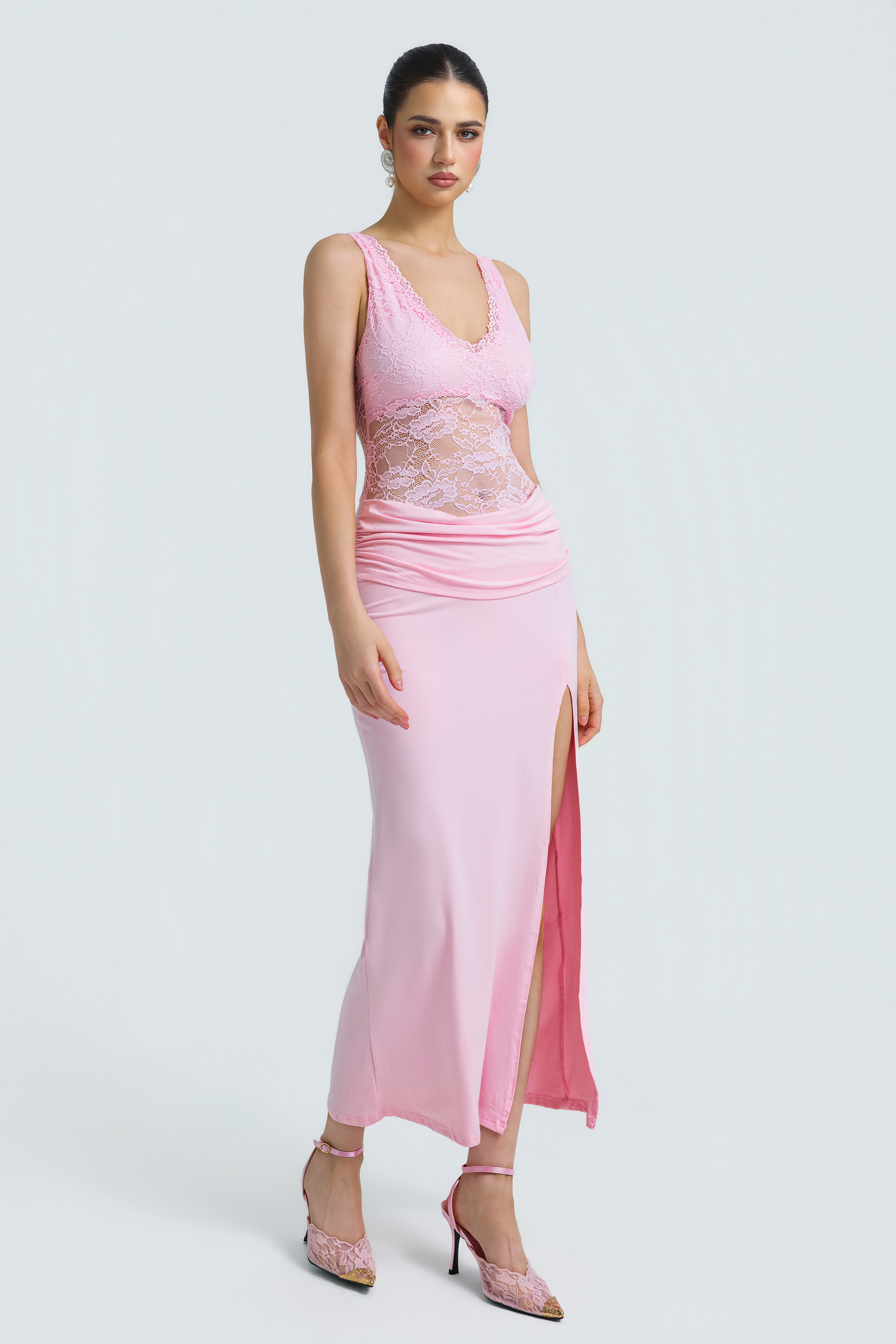 Lace Splicing Jersey V-Neck Maxi Dress