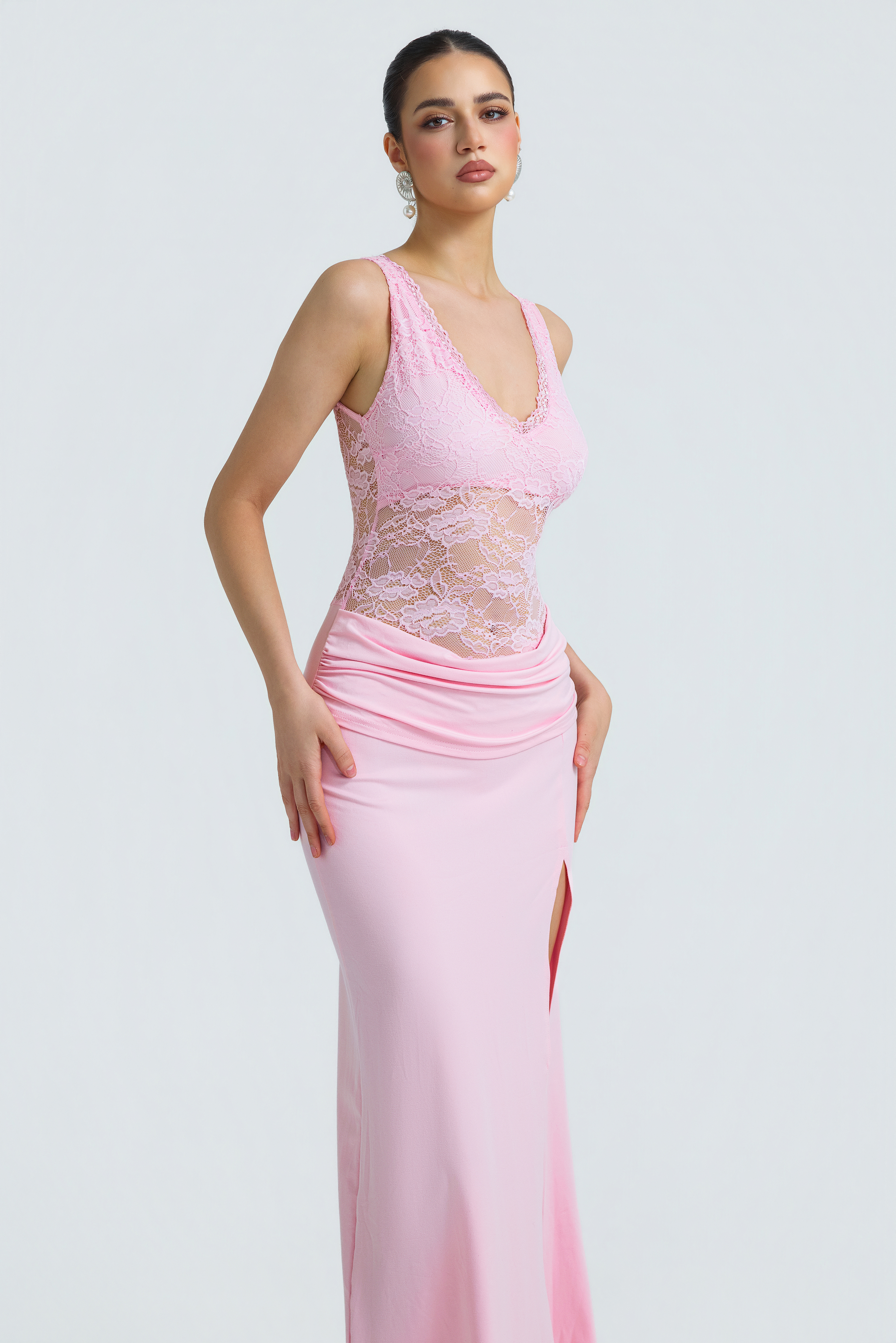 Lace Splicing Jersey V-Neck Maxi Dress