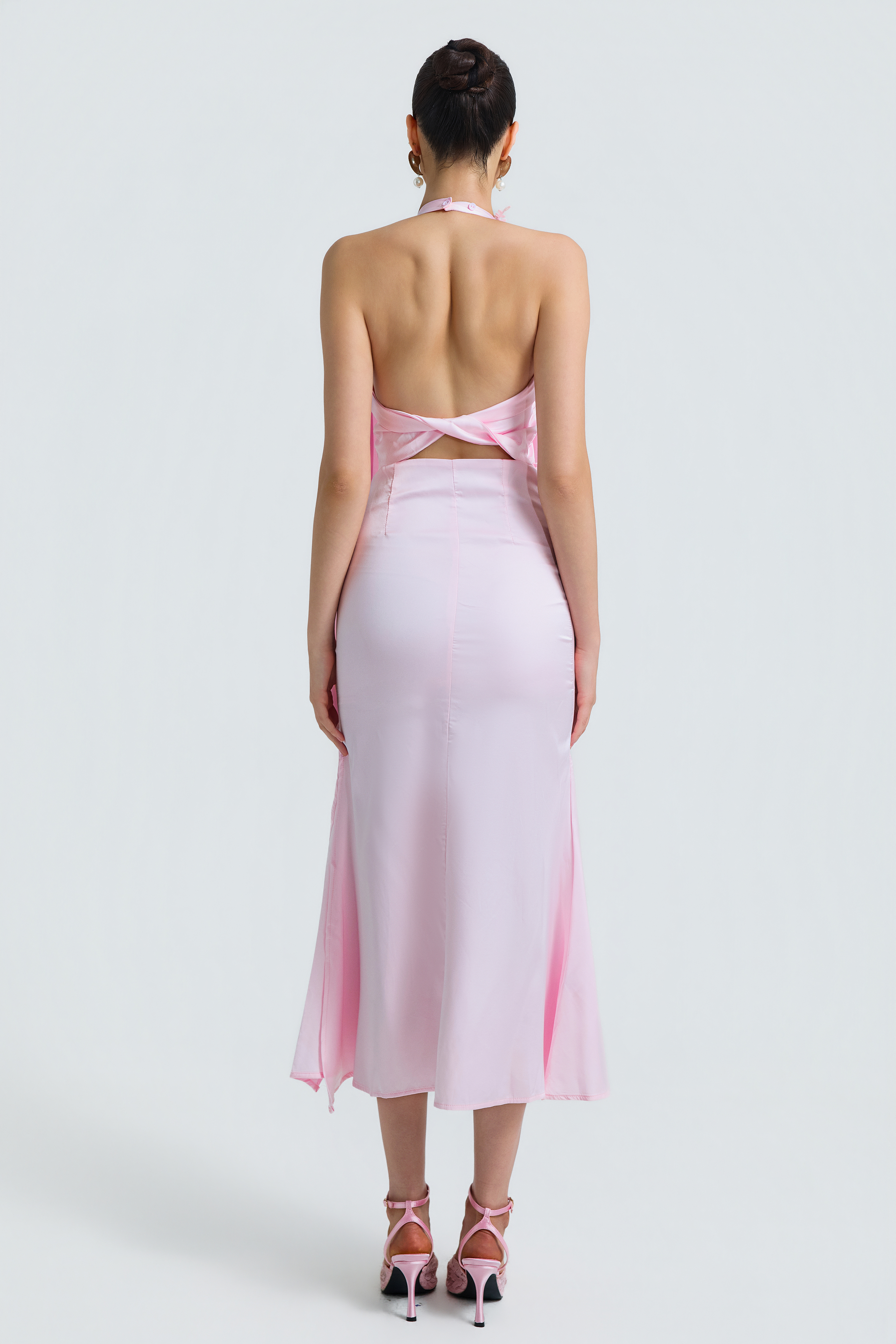 Satin Halter Cowl Neck 3D Floral Maxi Dress