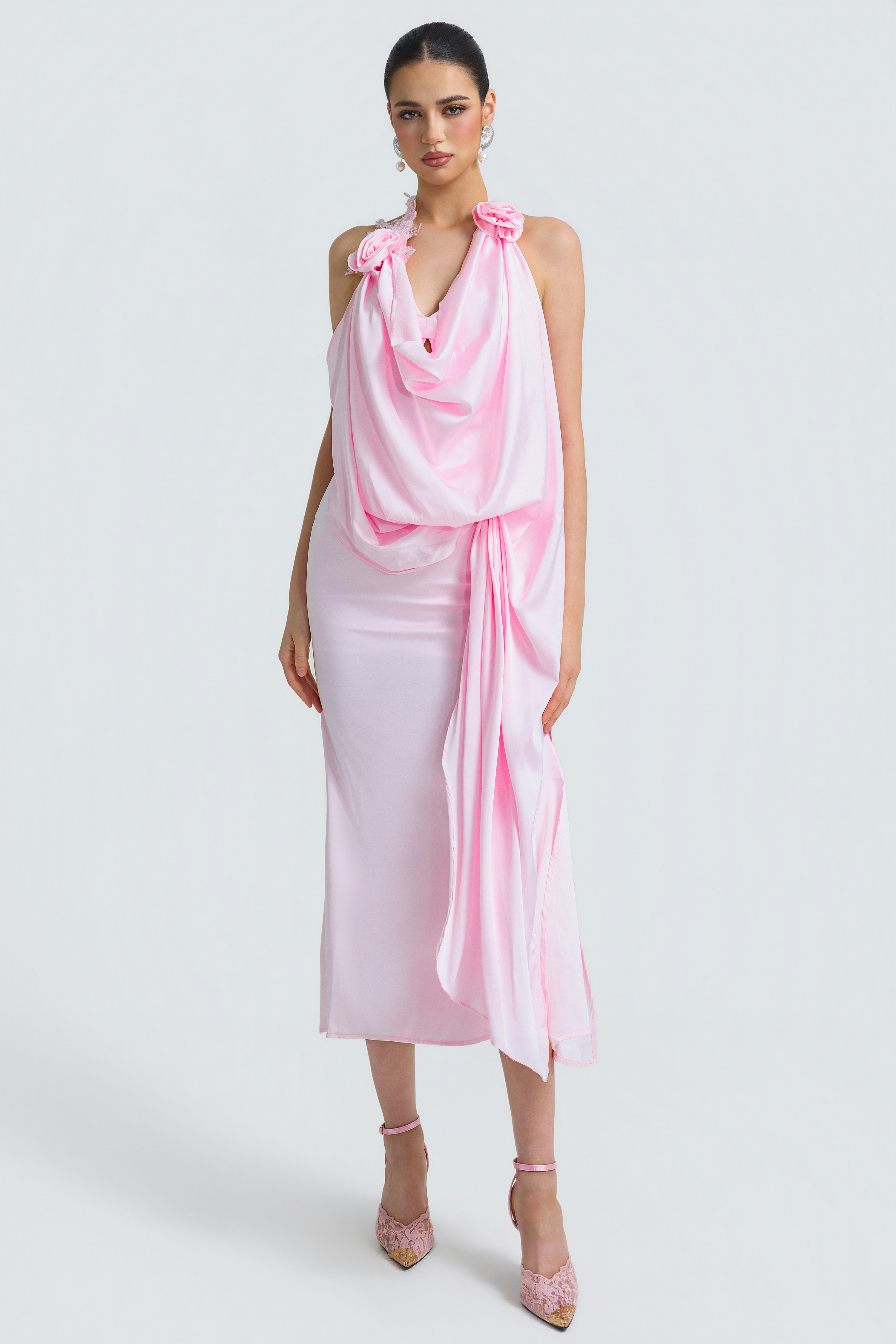Satin Halter Cowl Neck 3D Floral Maxi Dress