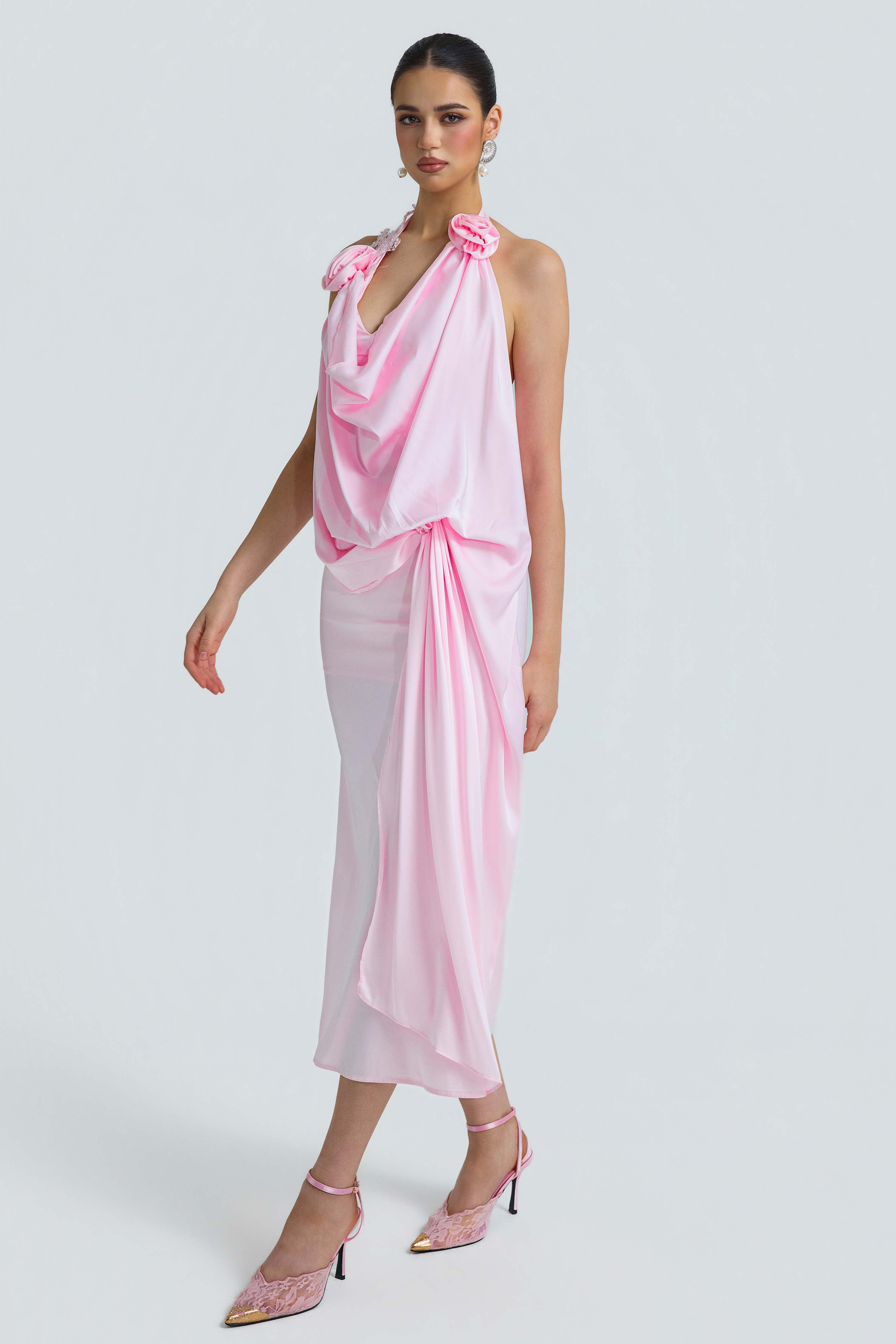 Satin Halter Cowl Neck 3D Floral Maxi Dress