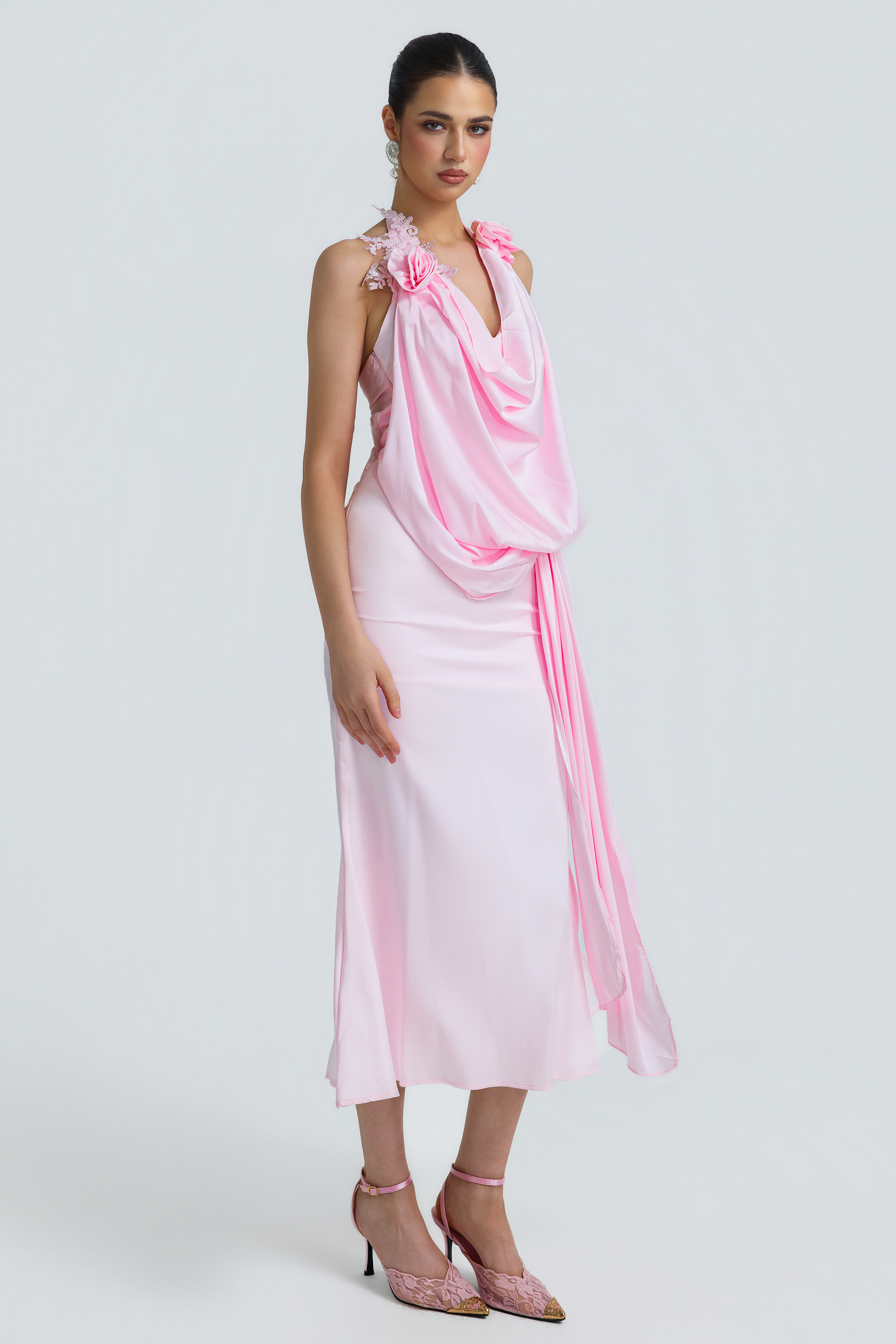 Satin Halter Cowl Neck 3D Floral Maxi Dress
