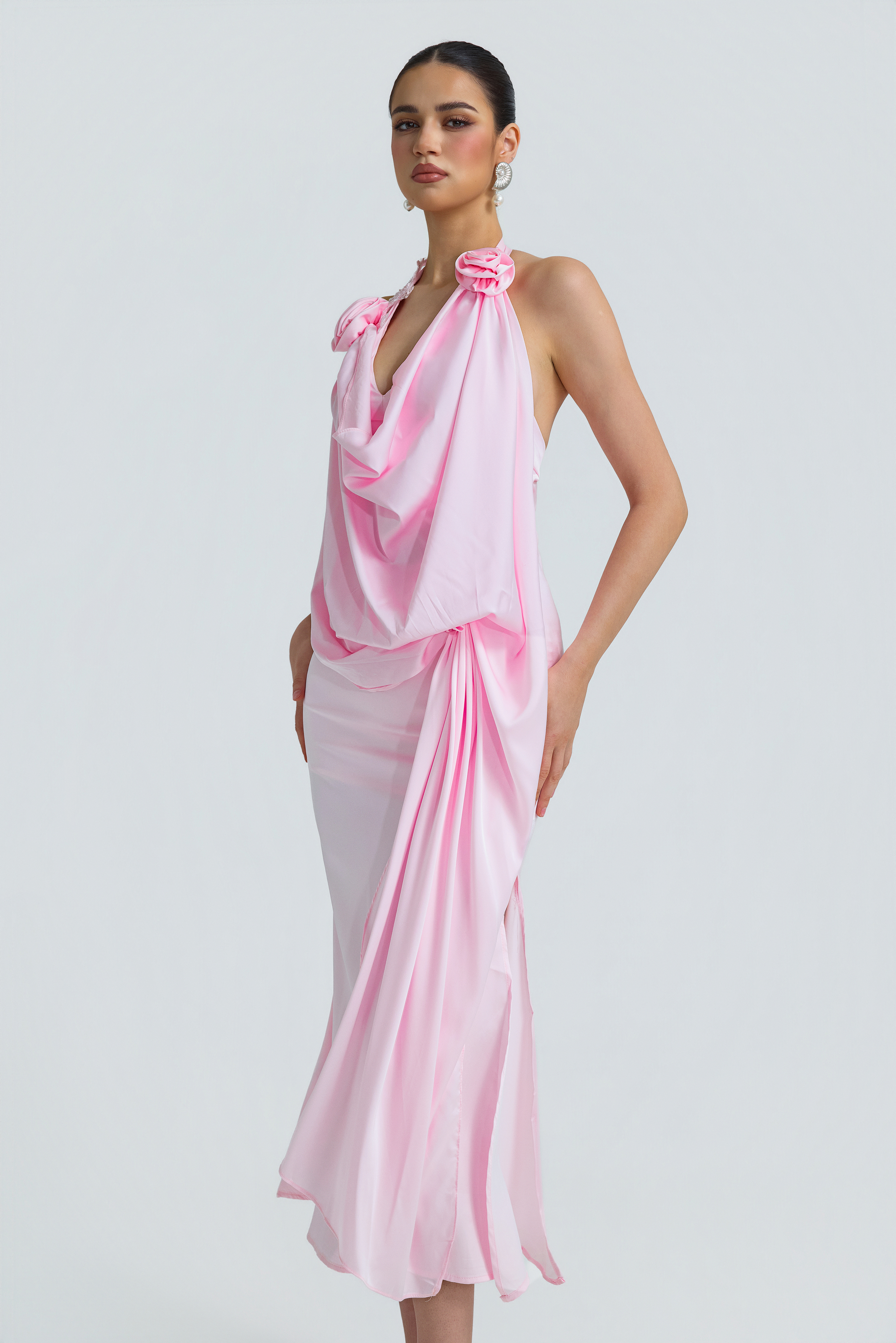 Satin Halter Cowl Neck 3D Floral Maxi Dress