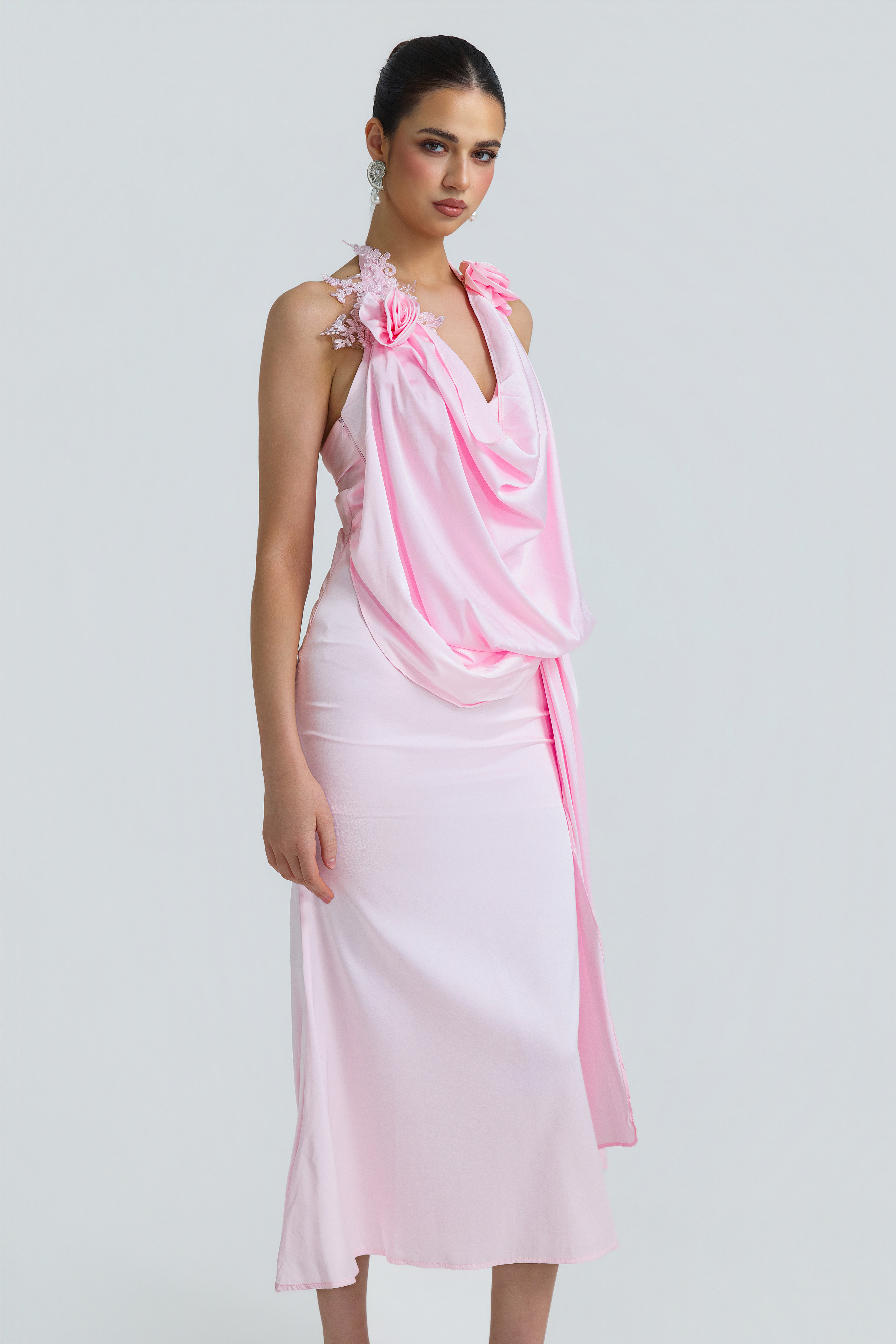 Satin Halter Cowl Neck 3D Floral Maxi Dress