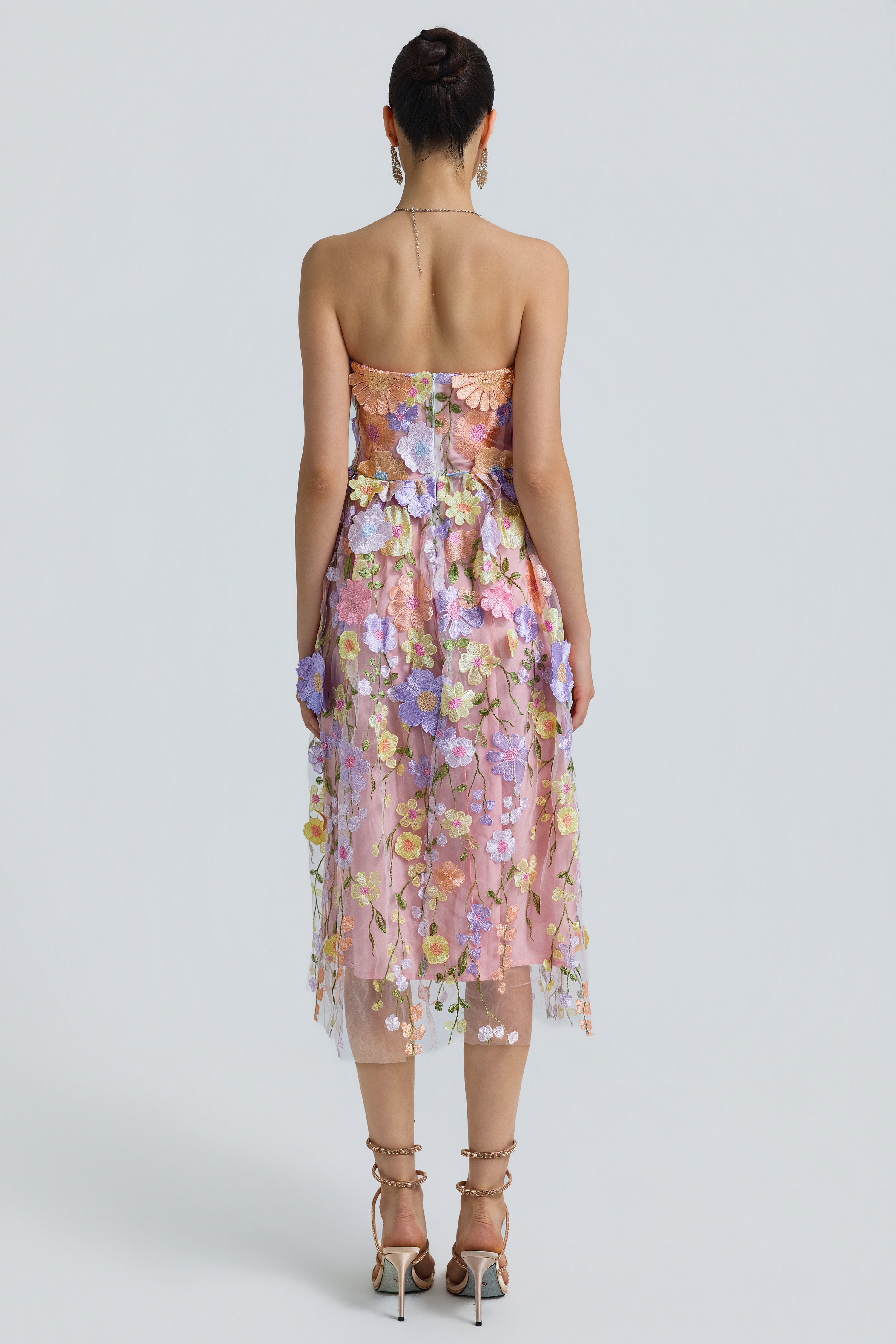 Tulle 3D Floral Strapless Midi Dress