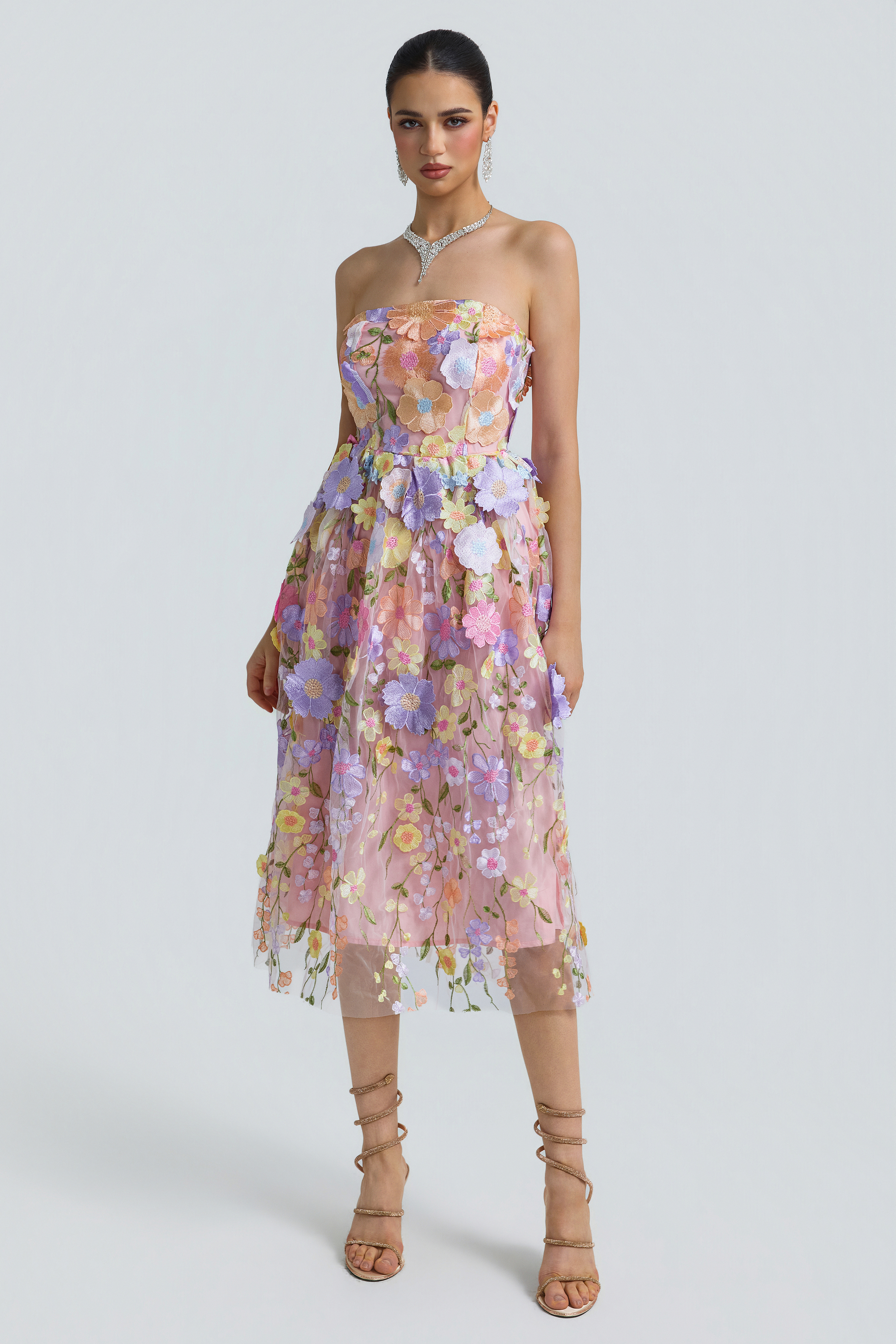 Tulle 3D Floral Strapless Midi Dress