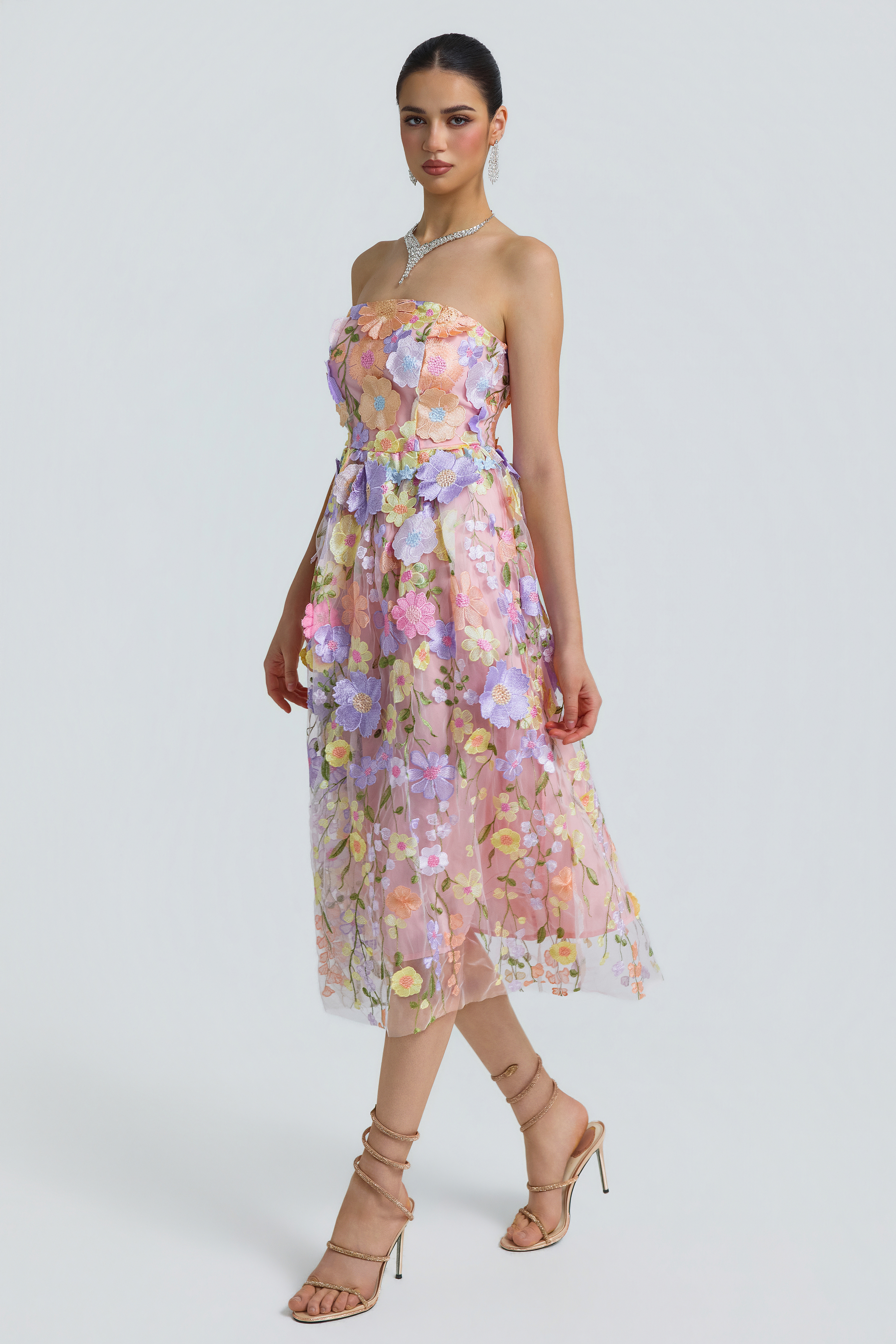 Tulle 3D Floral Strapless Midi Dress