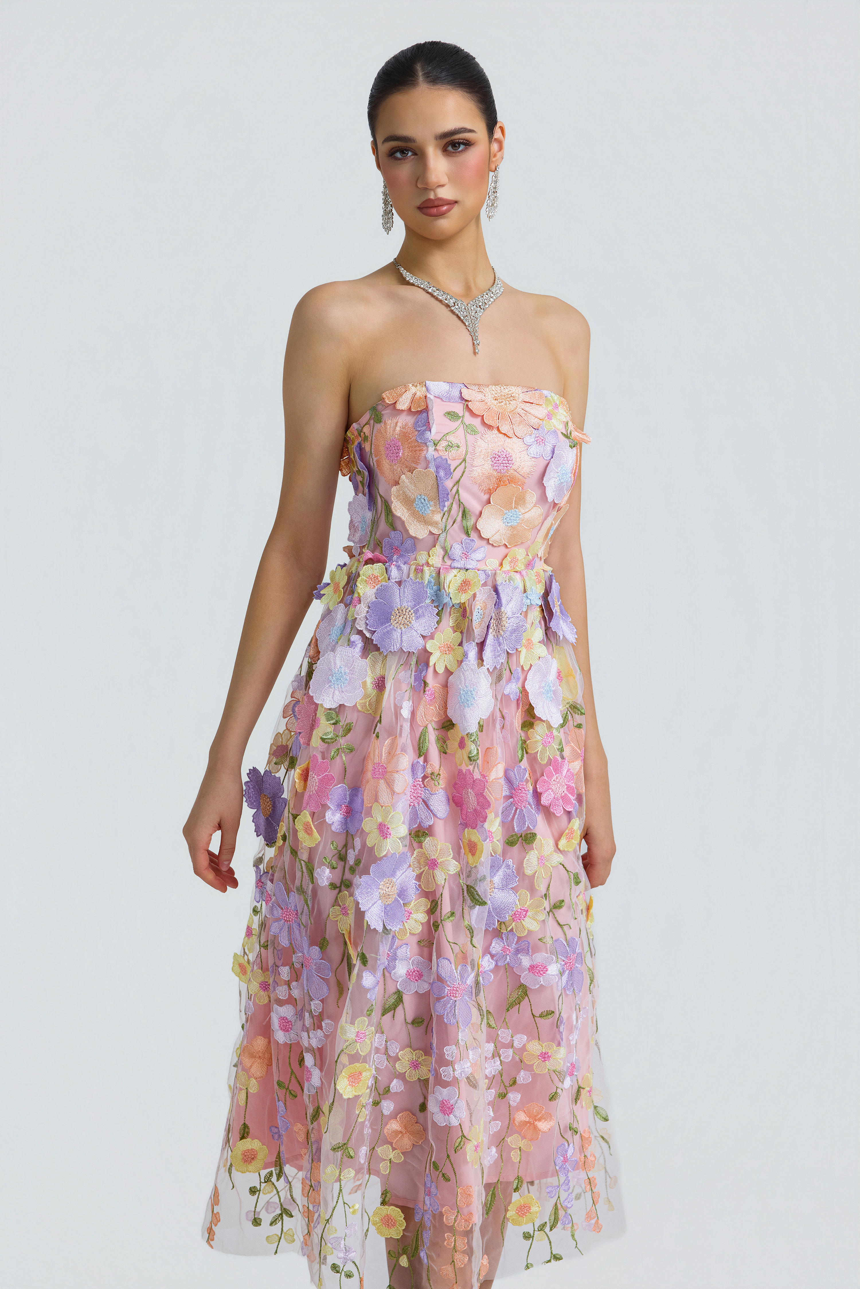 Tulle 3D Floral Strapless Midi Dress