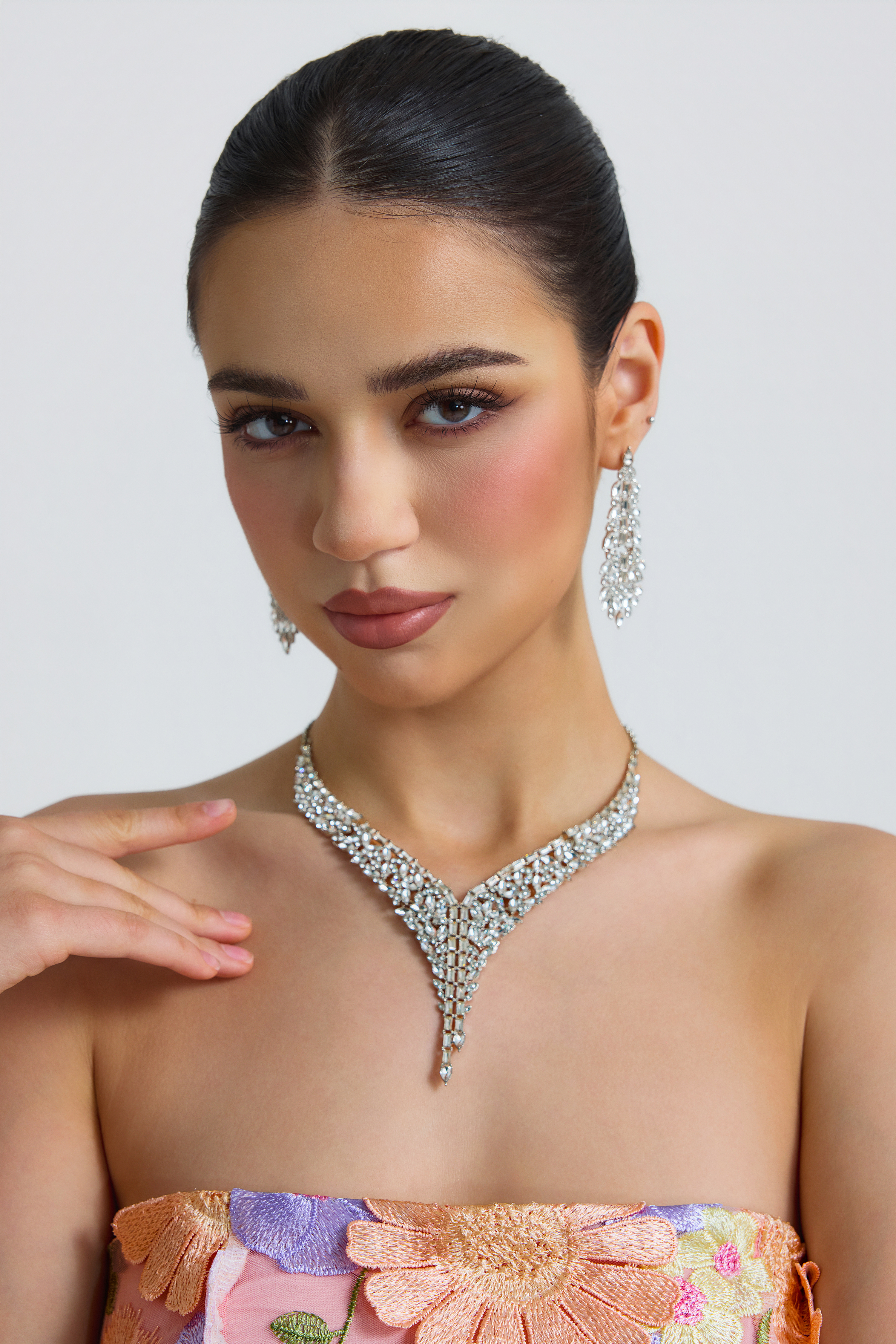 Metal Square Rhinestone Earring And Necklace Set