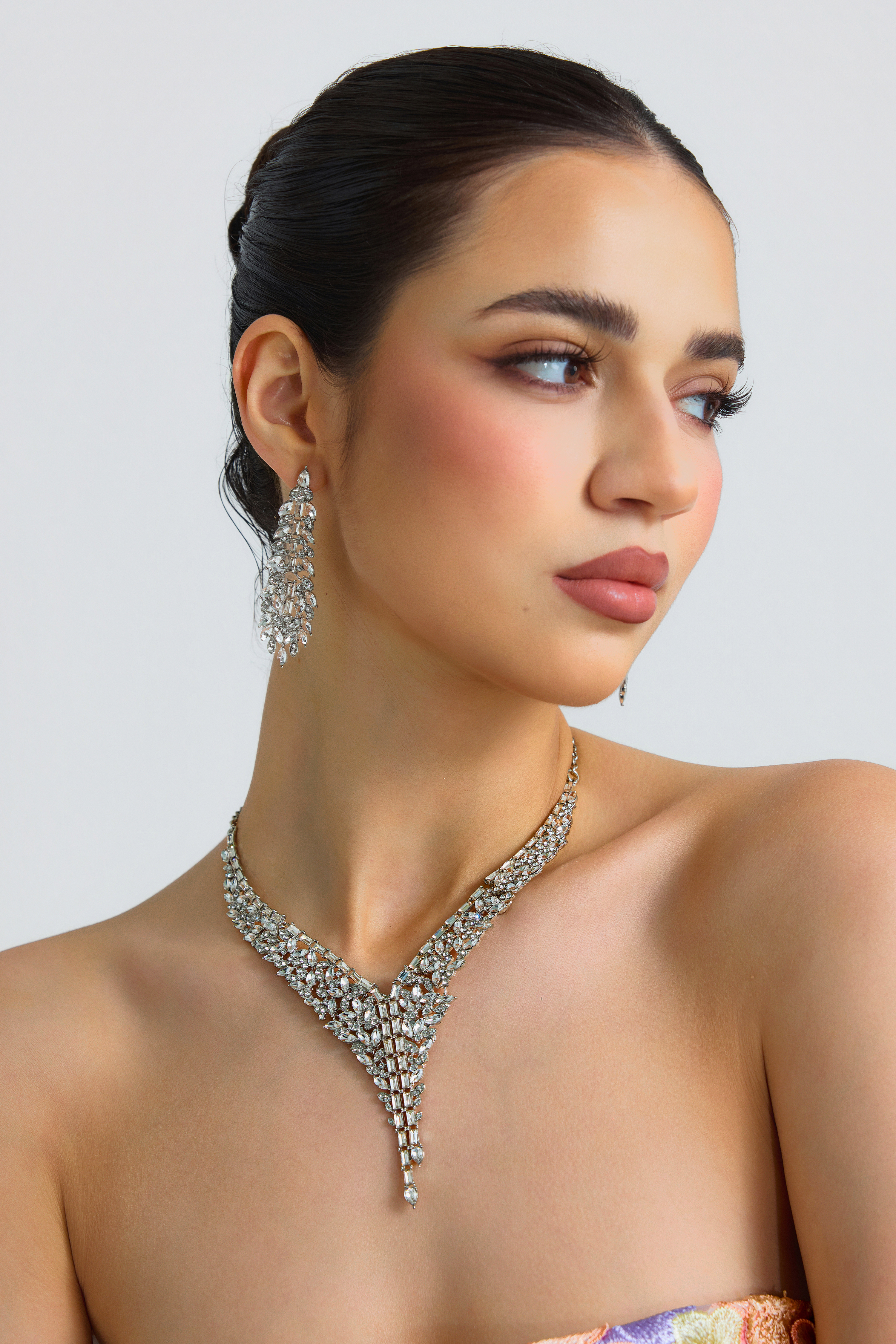 Metal Square Rhinestone Earring And Necklace Set