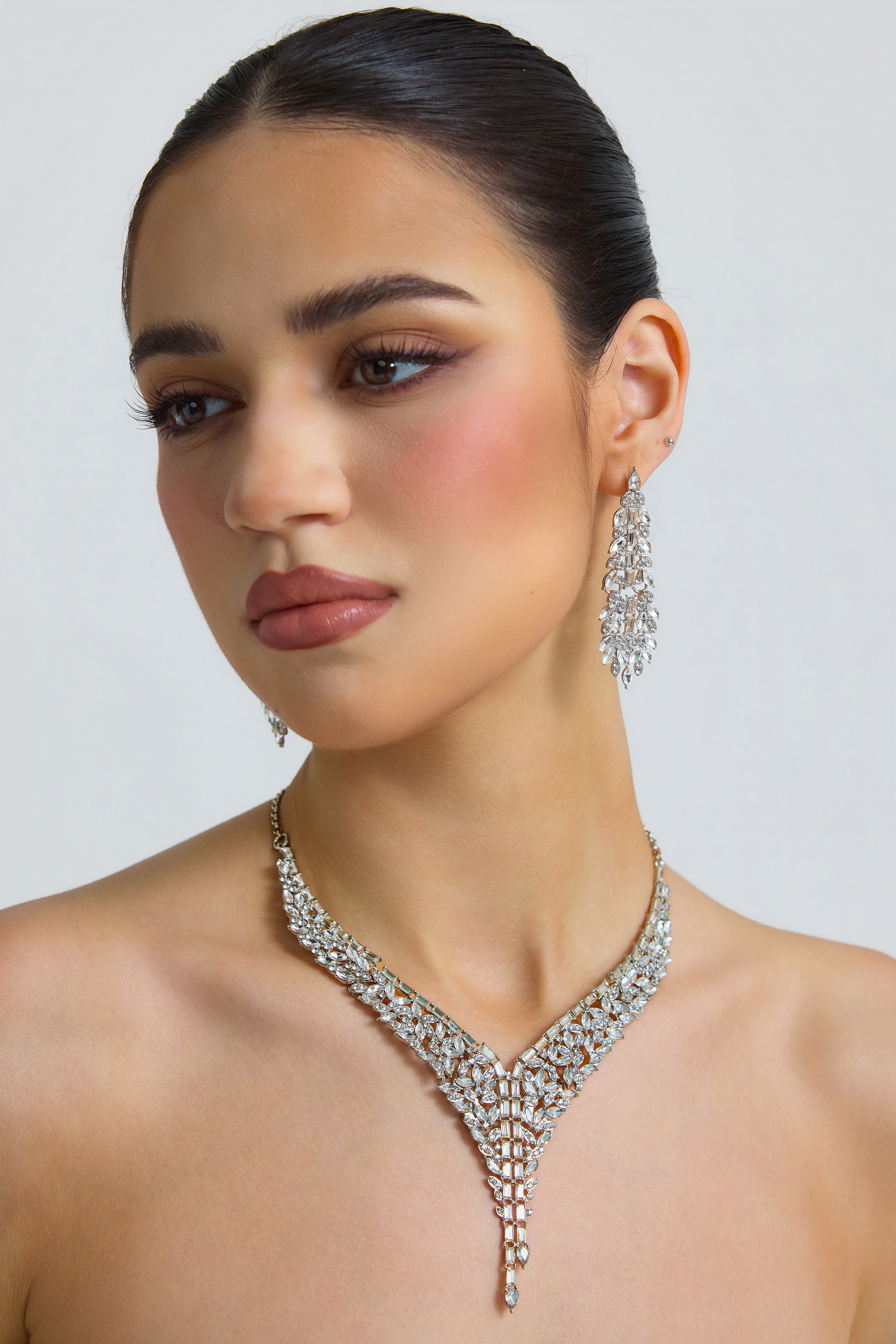Metal Square Rhinestone Earring And Necklace Set