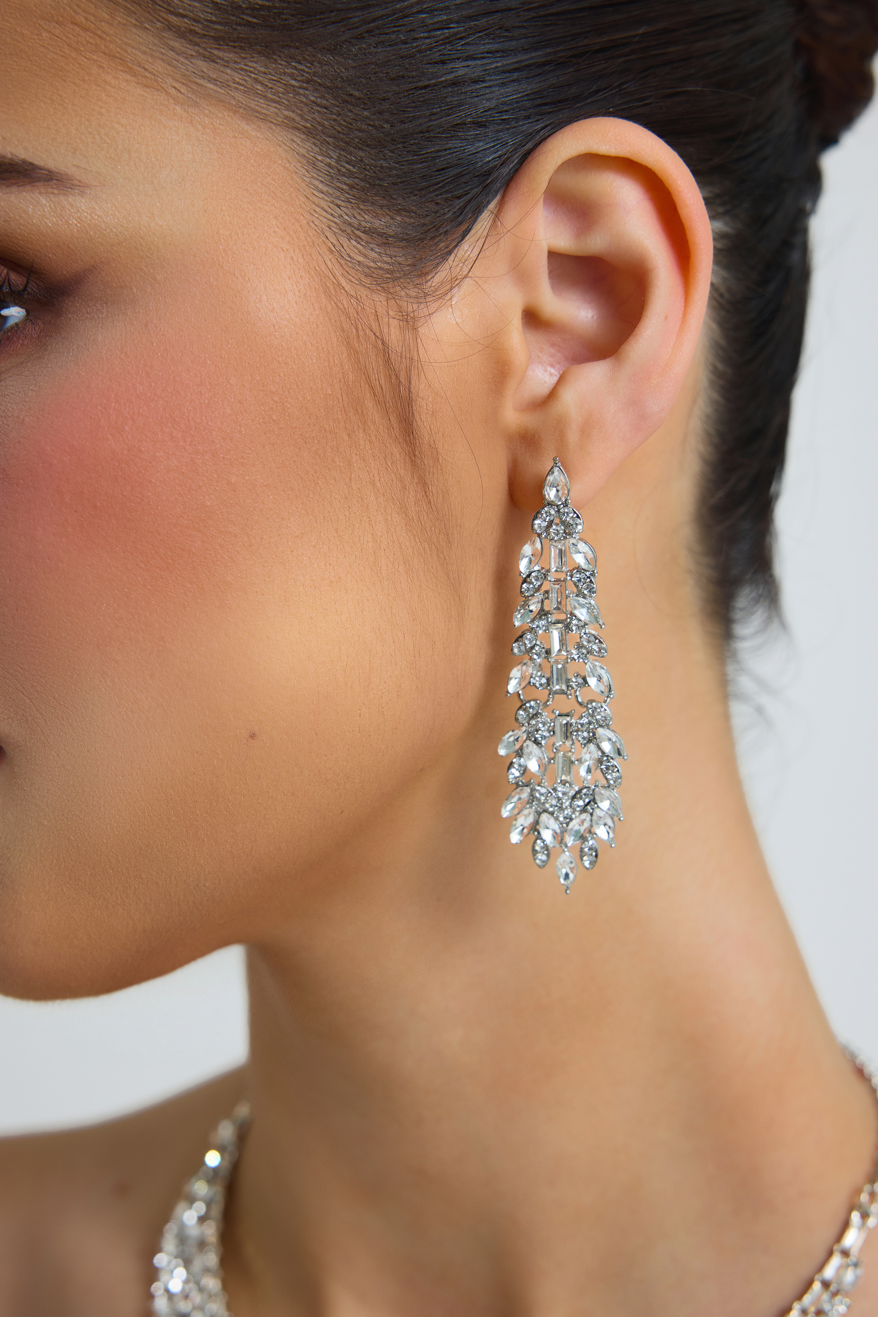 Metal Square Rhinestone Earring And Necklace Set