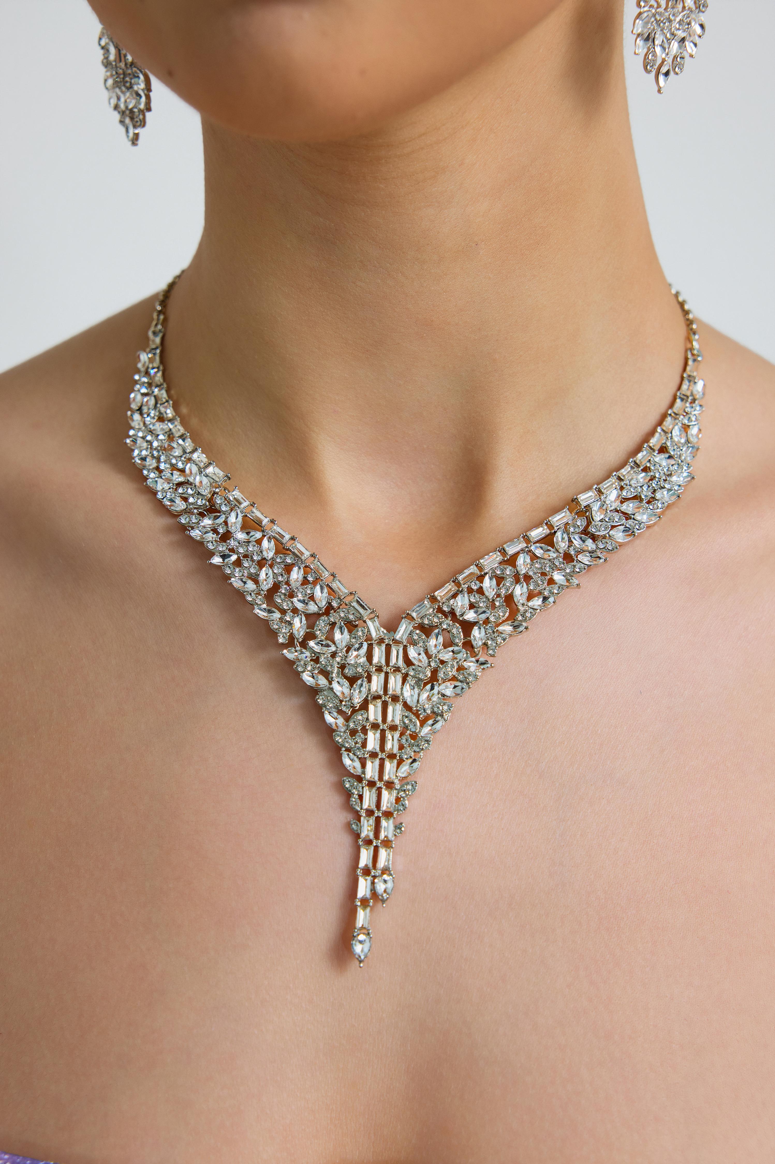 Metal Square Rhinestone Earring And Necklace Set