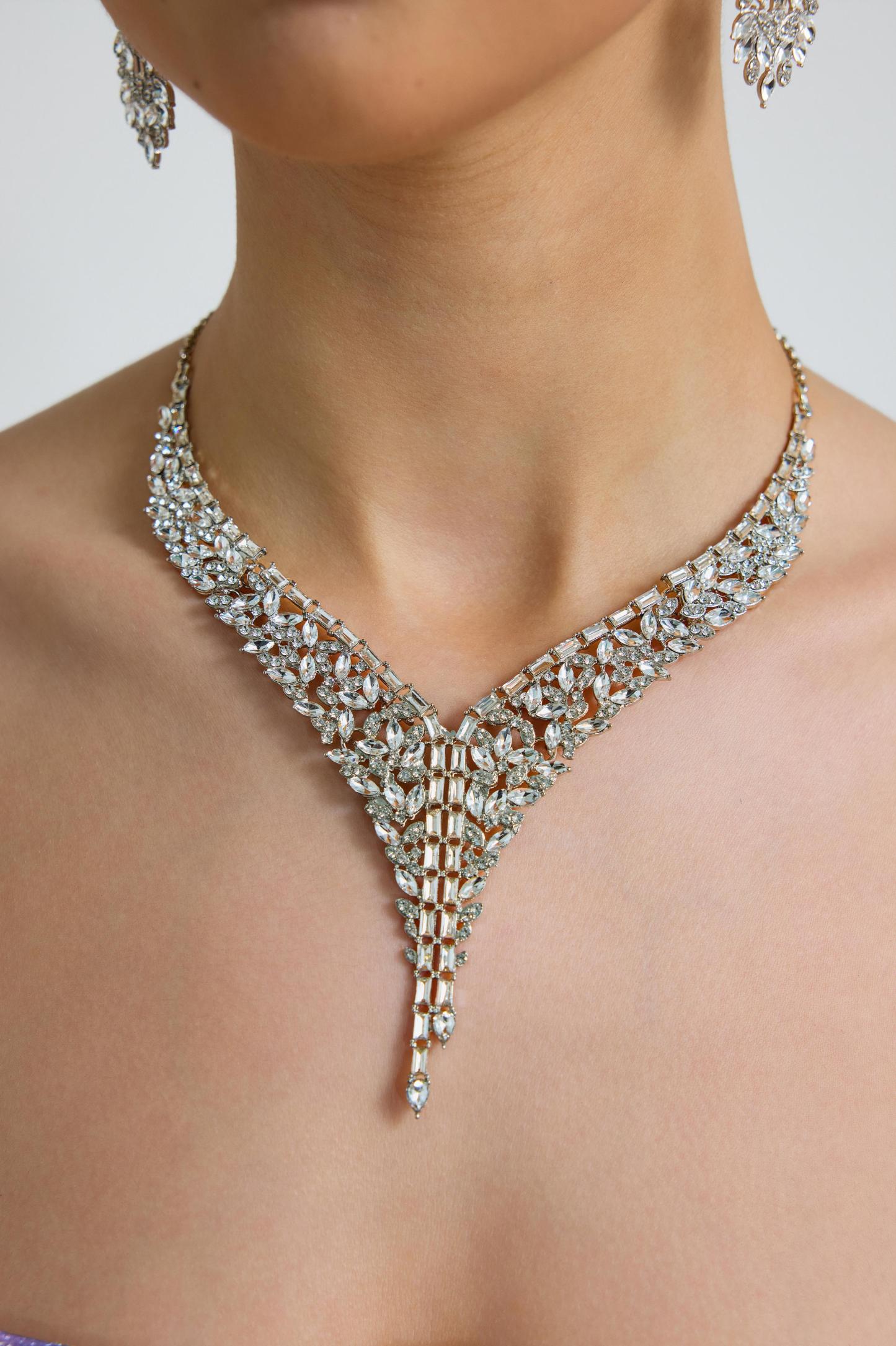 Metal Square Rhinestone Earring And Necklace Set