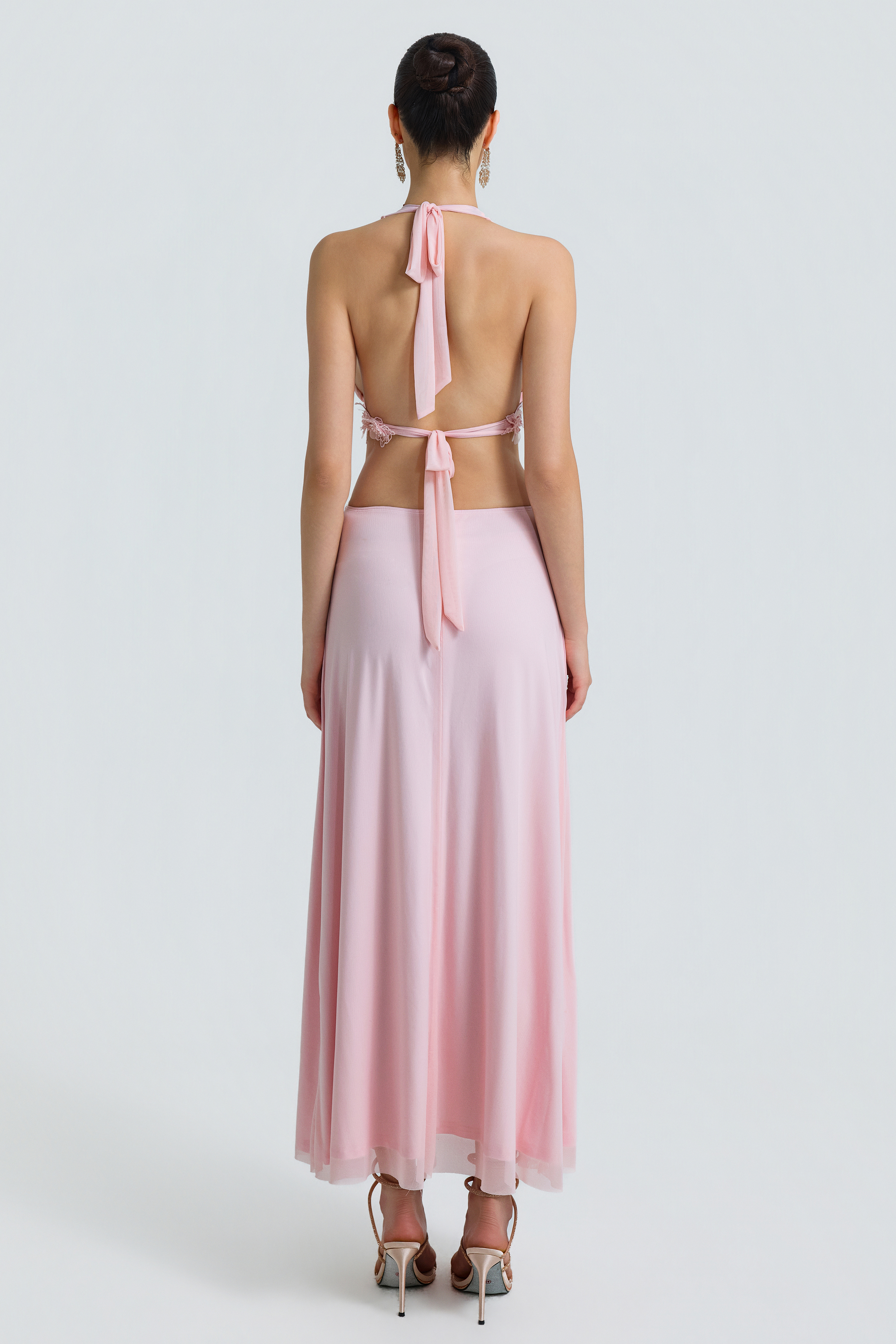Mesh 3D Flower Halter Neck Maxi Dress