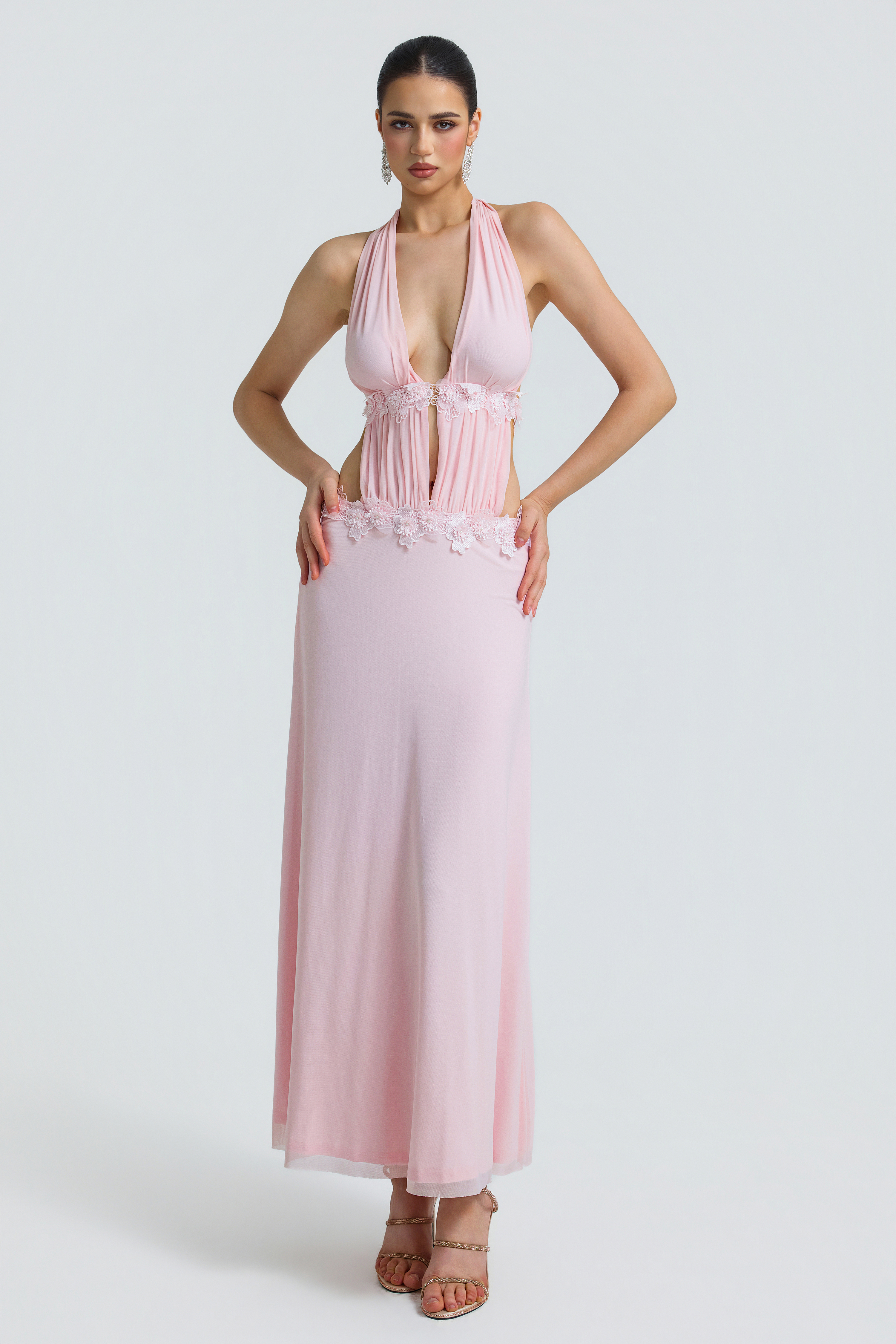 Mesh 3D Flower Halter Neck Maxi Dress