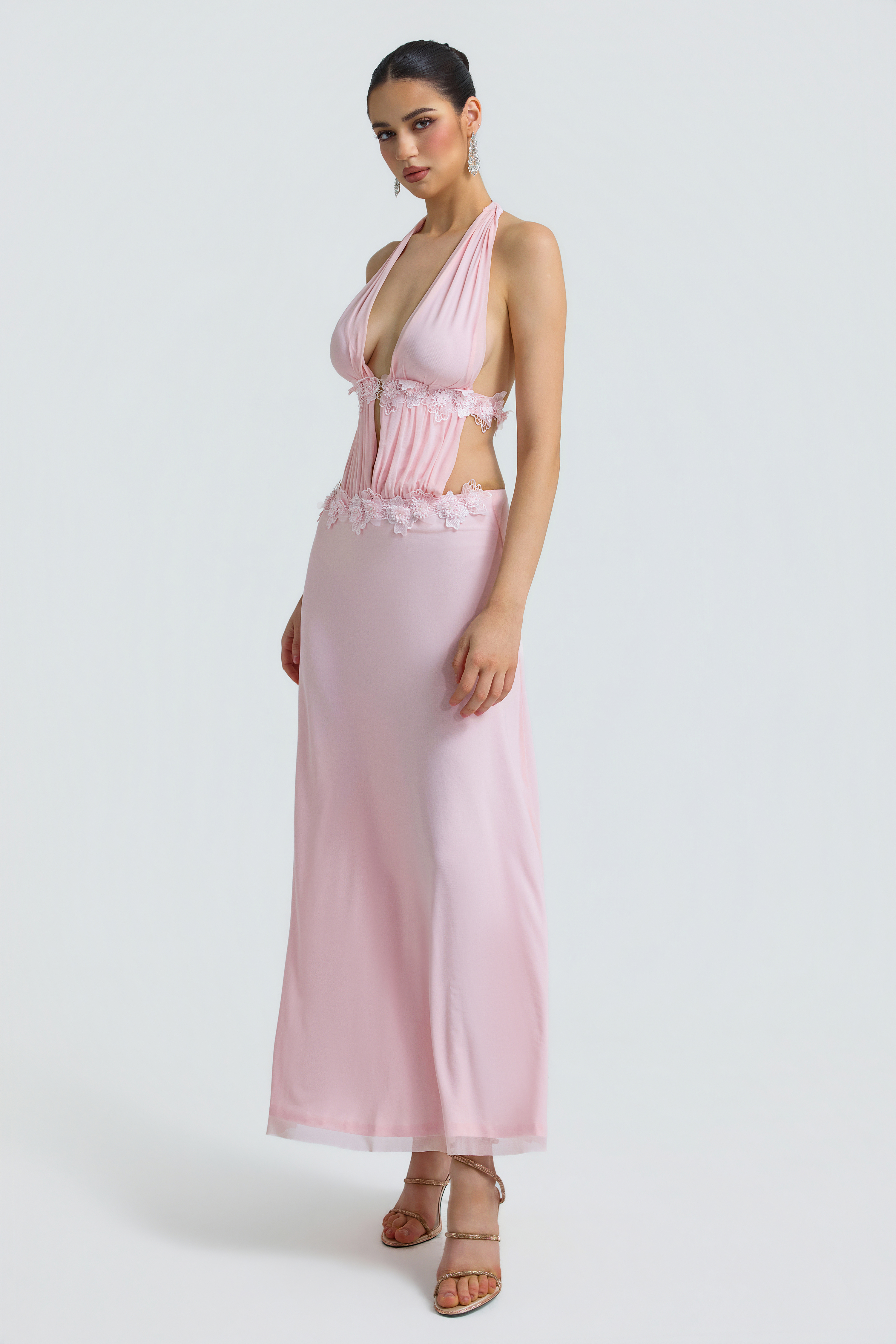 Mesh 3D Flower Halter Neck Maxi Dress