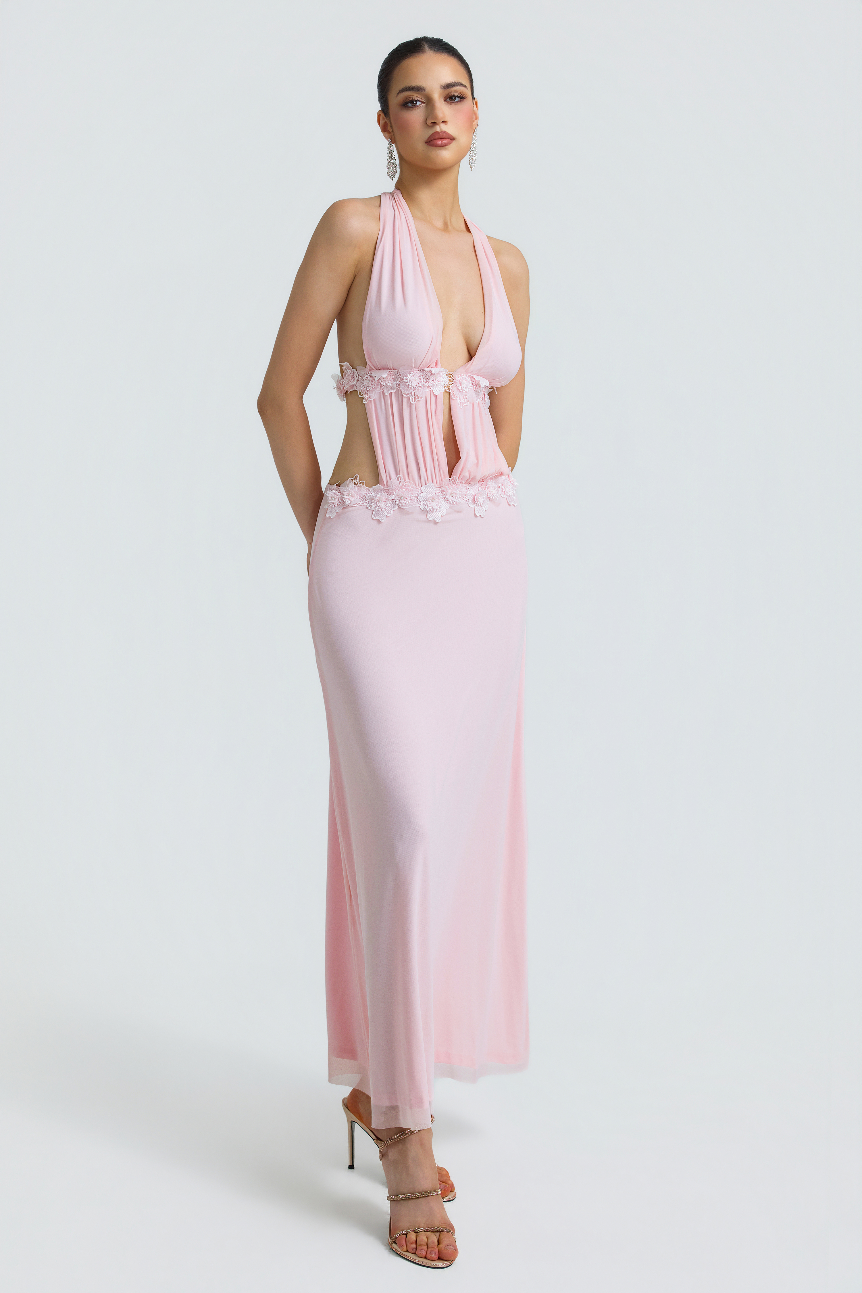 Mesh 3D Flower Halter Neck Maxi Dress