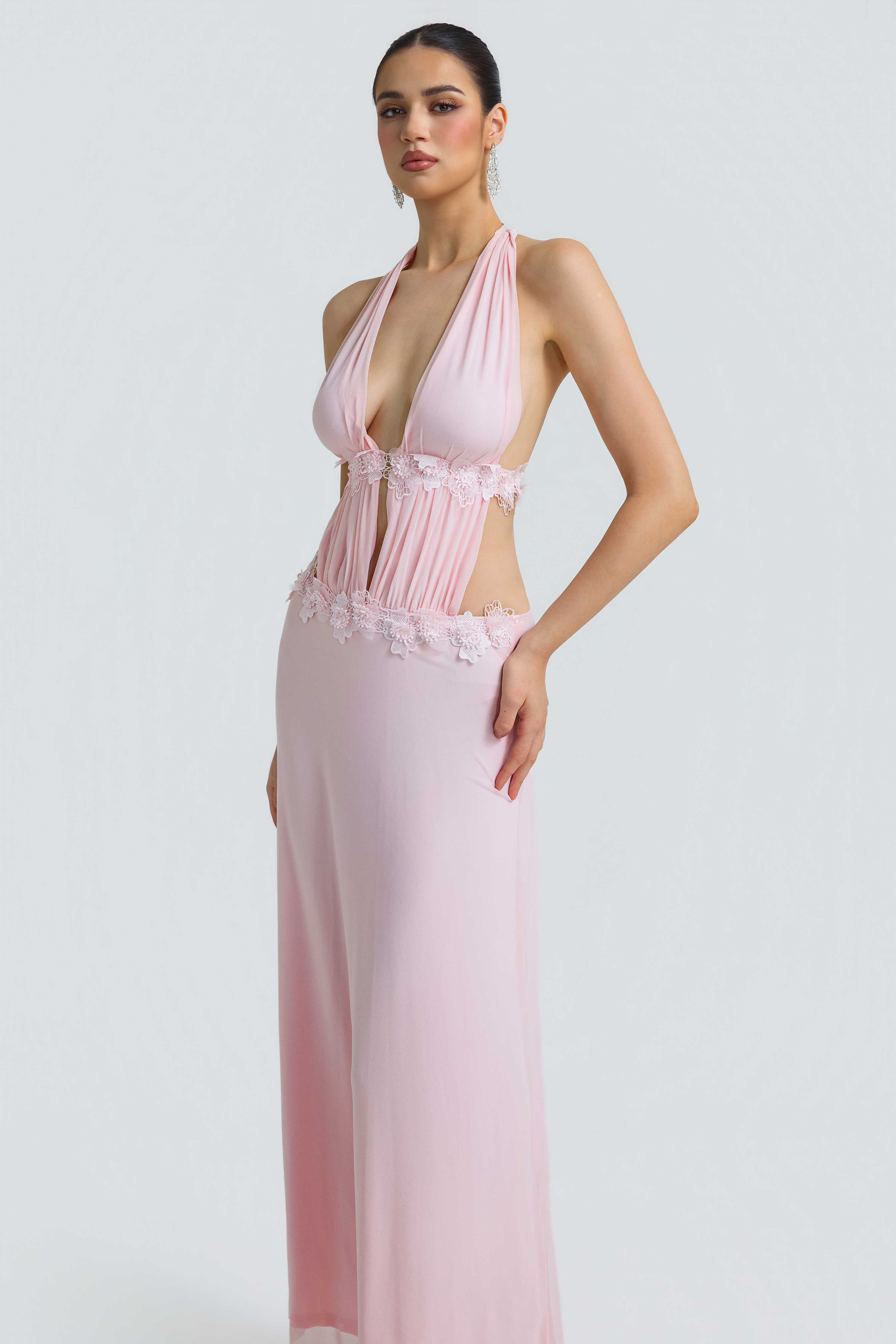 Mesh 3D Flower Halter Neck Maxi Dress