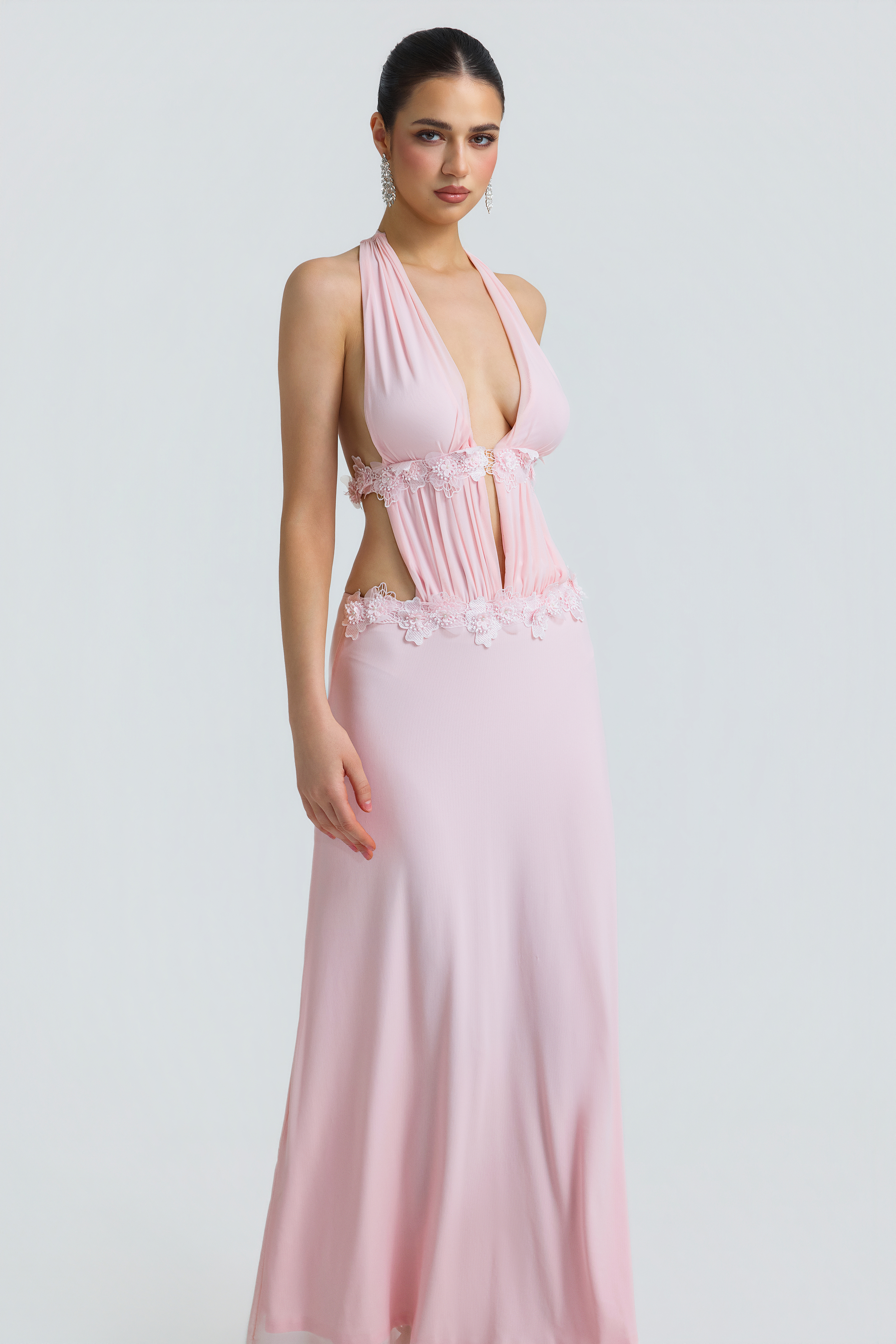 Mesh 3D Flower Halter Neck Maxi Dress