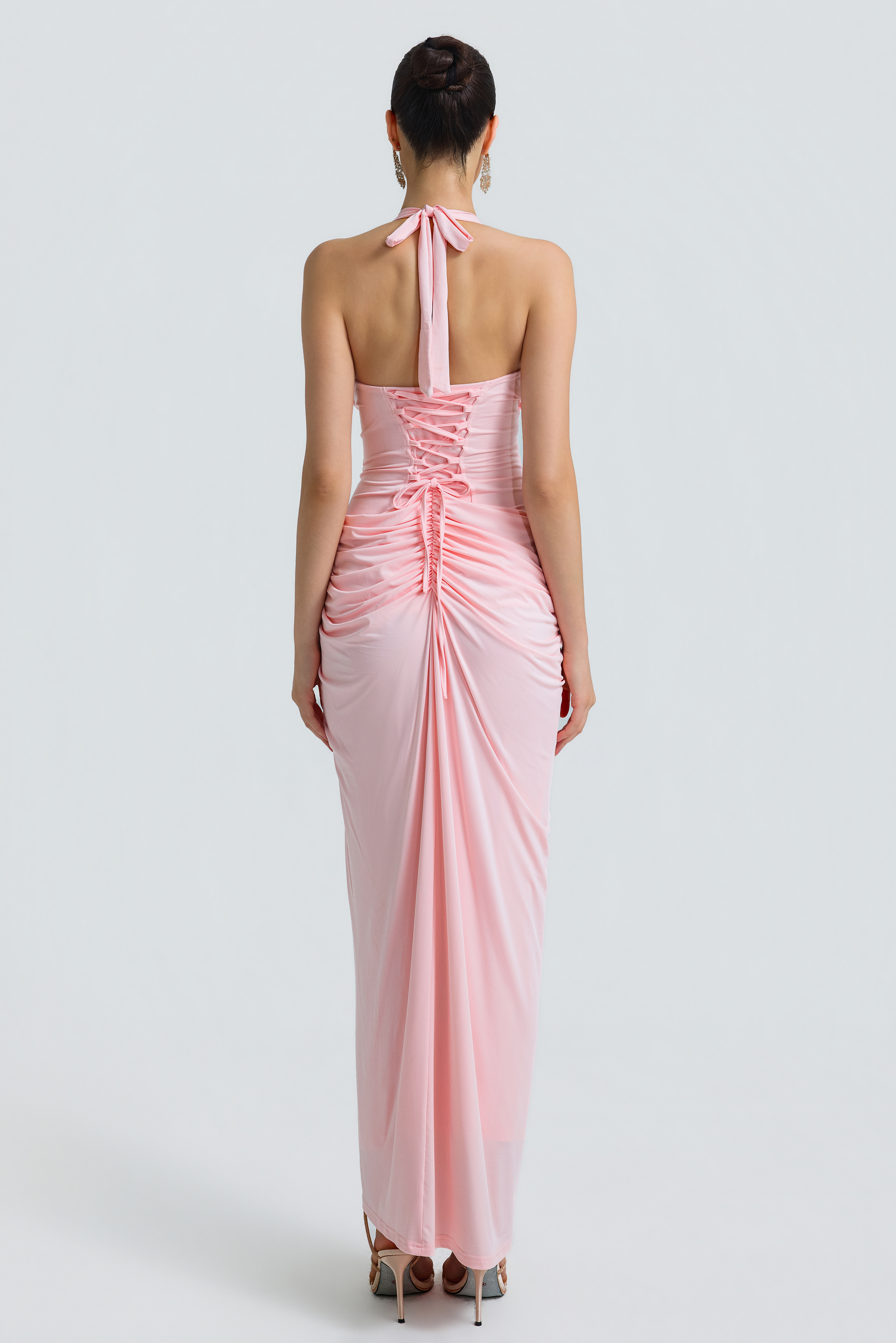 Halter Deep V Pleated Waist Slit Maxi Dress