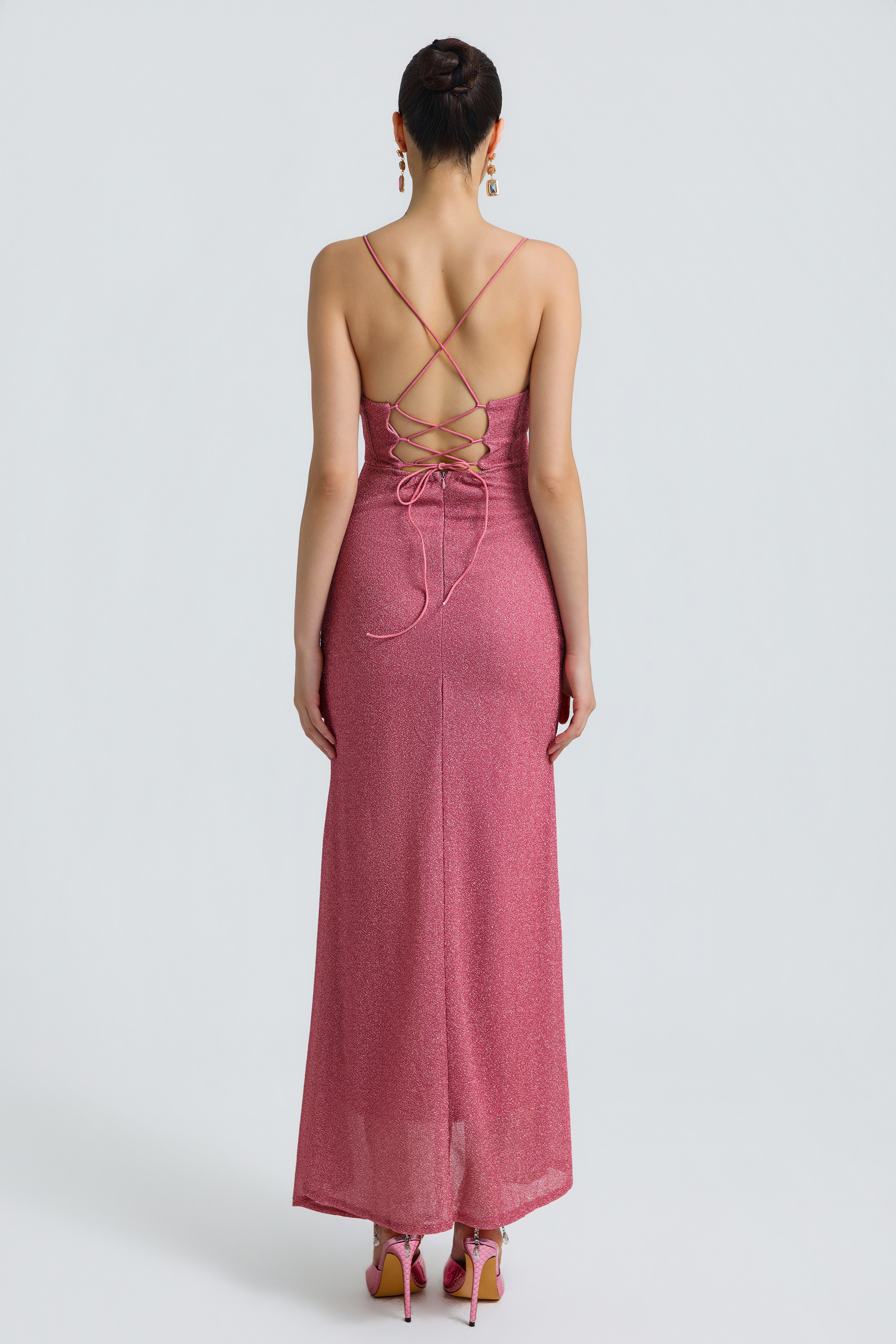 Lurex Knit Corset Draped High-Slit Maxi Dress