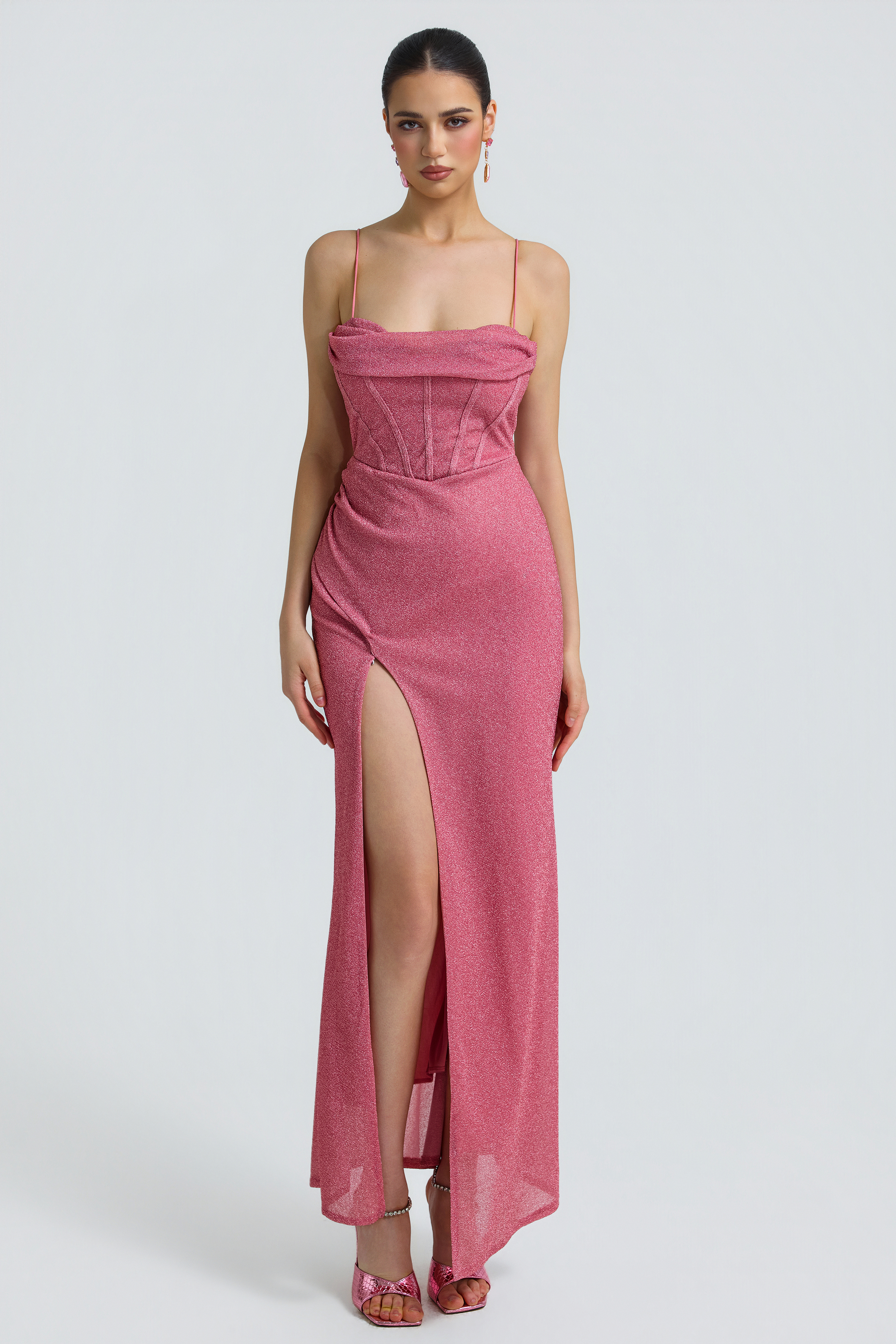 Lurex Knit Corset Draped High-Slit Maxi Dress