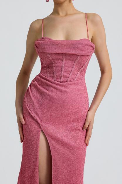 Lurex Knit Corset Draped High-Slit Maxi Dress