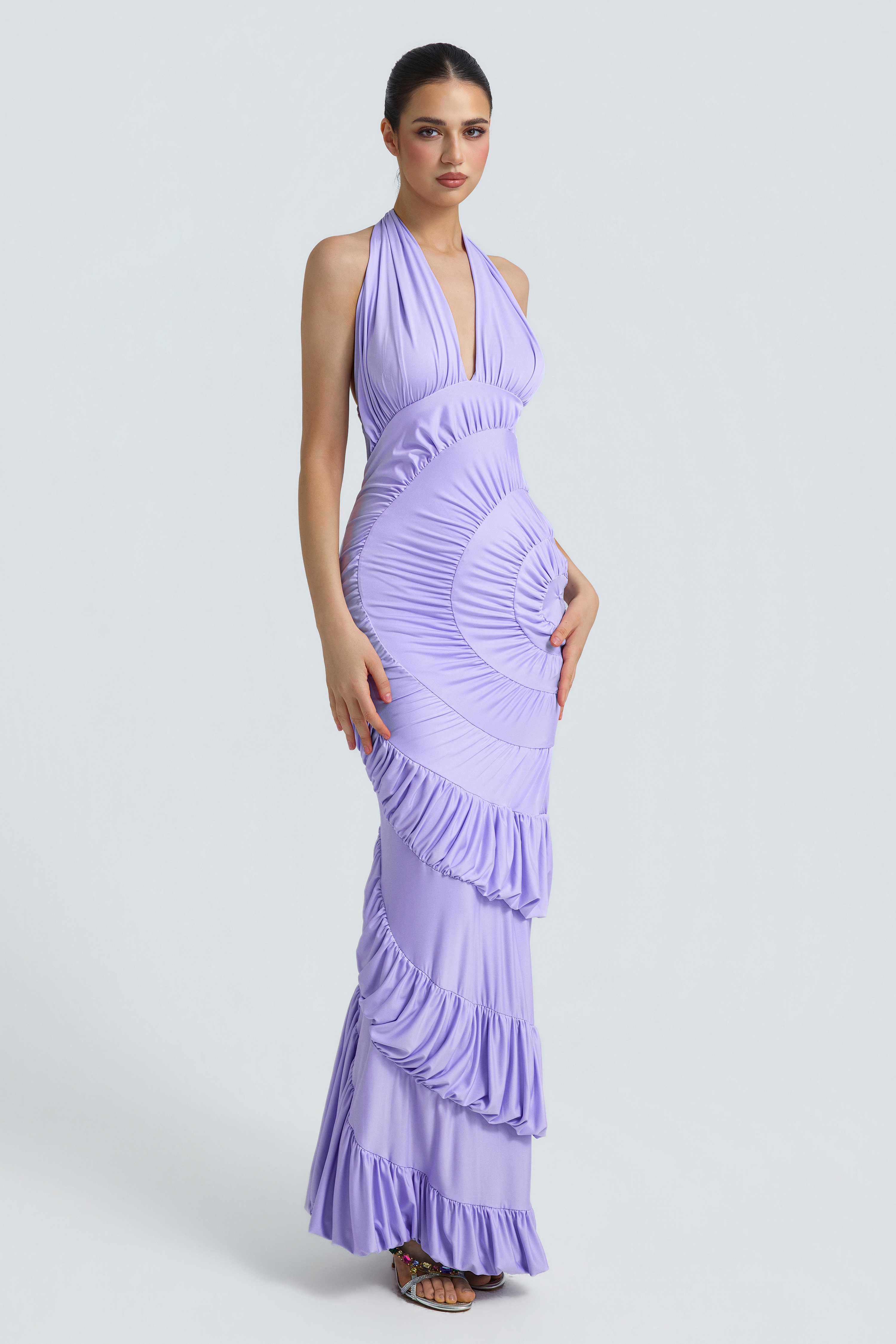 Jersey Halter Neck Gathering Maxi Dress