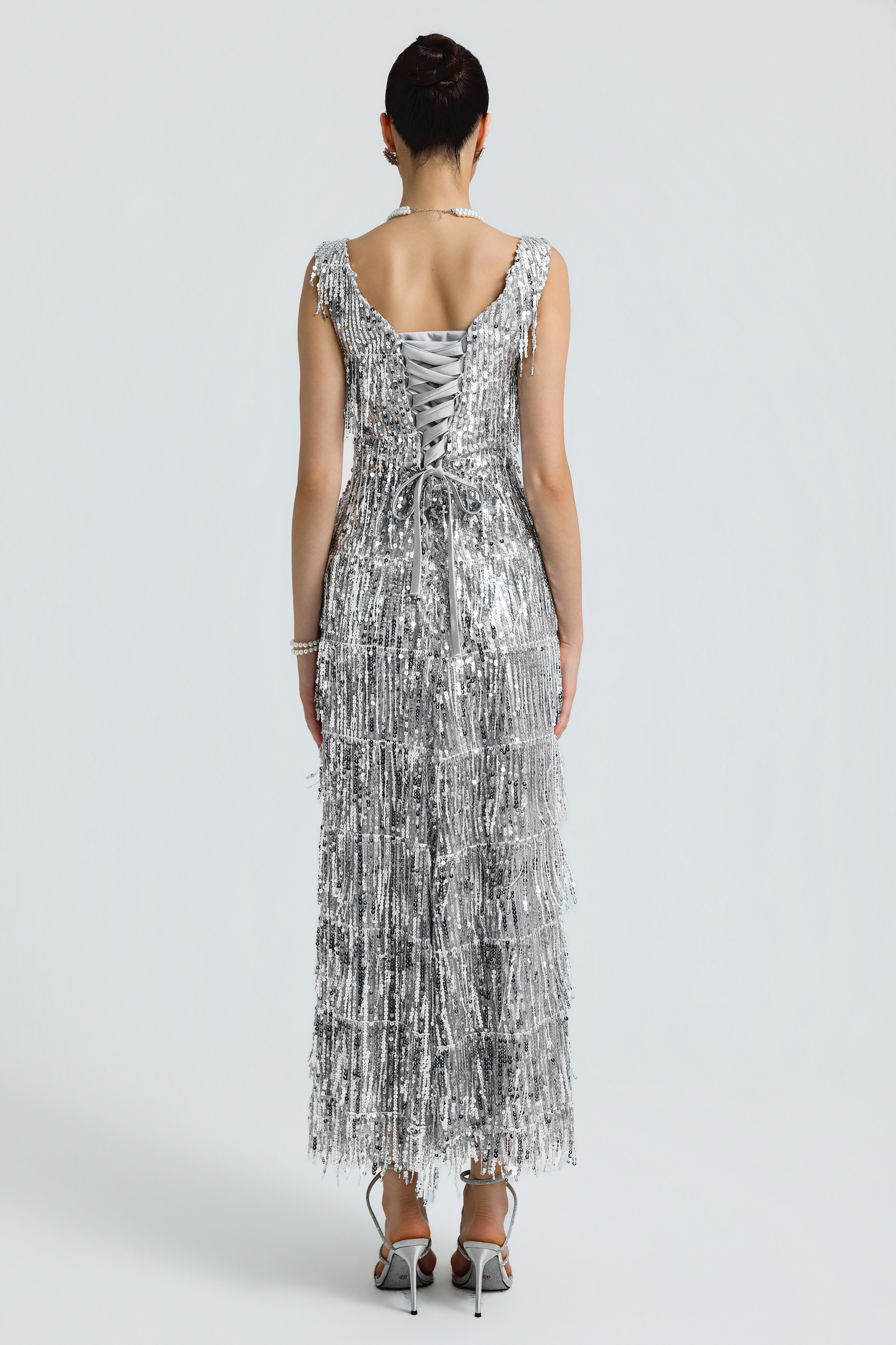 Sequin Fringe Plunge Neck Side Cutout Midi Dress