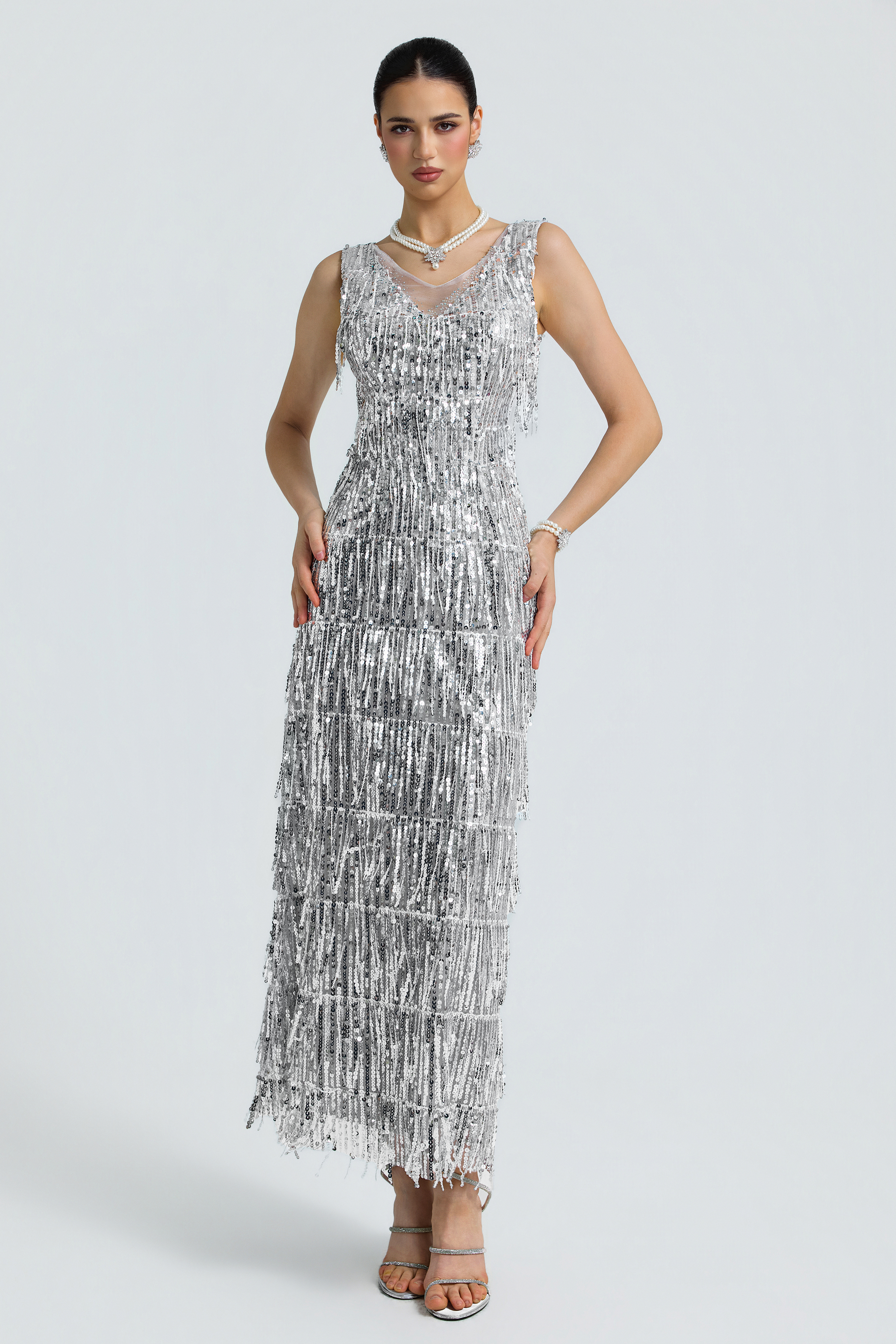 Sequin Fringe Plunge Neck Side Cutout Midi Dress