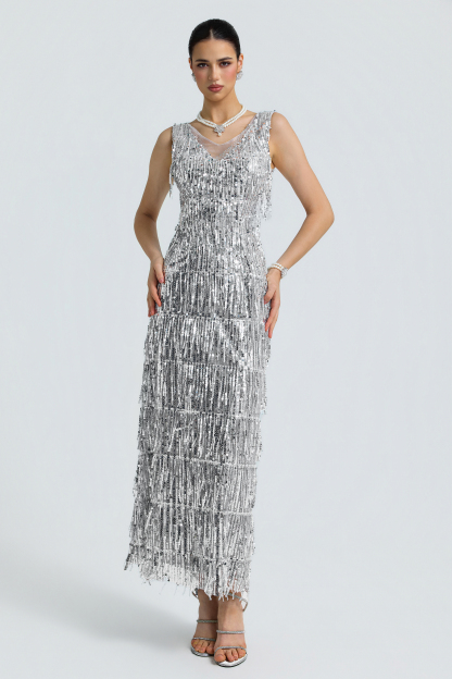 Sequin Fringe Plunge Neck Side Cutout Midi Dress
