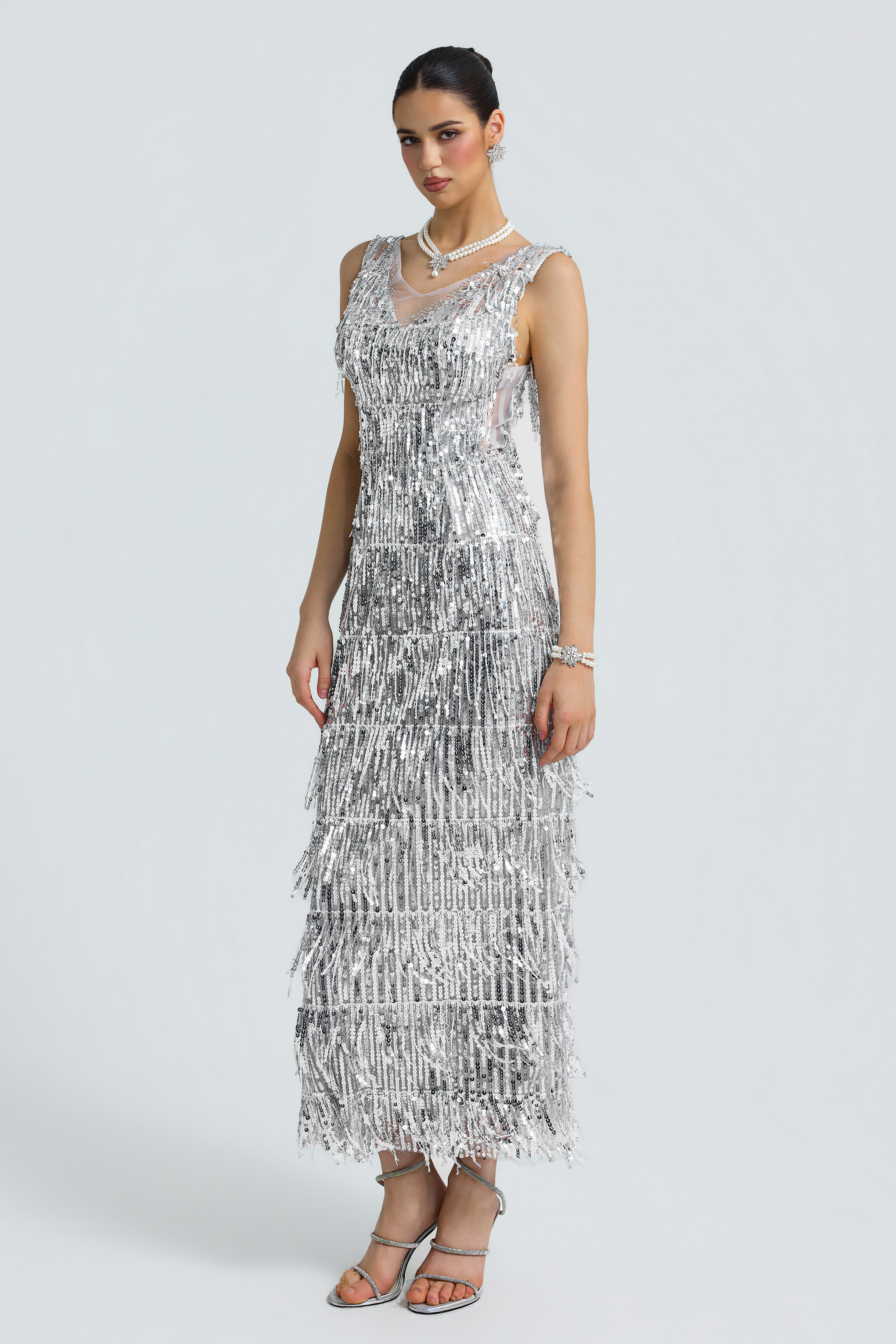 Sequin Fringe Plunge Neck Side Cutout Midi Dress