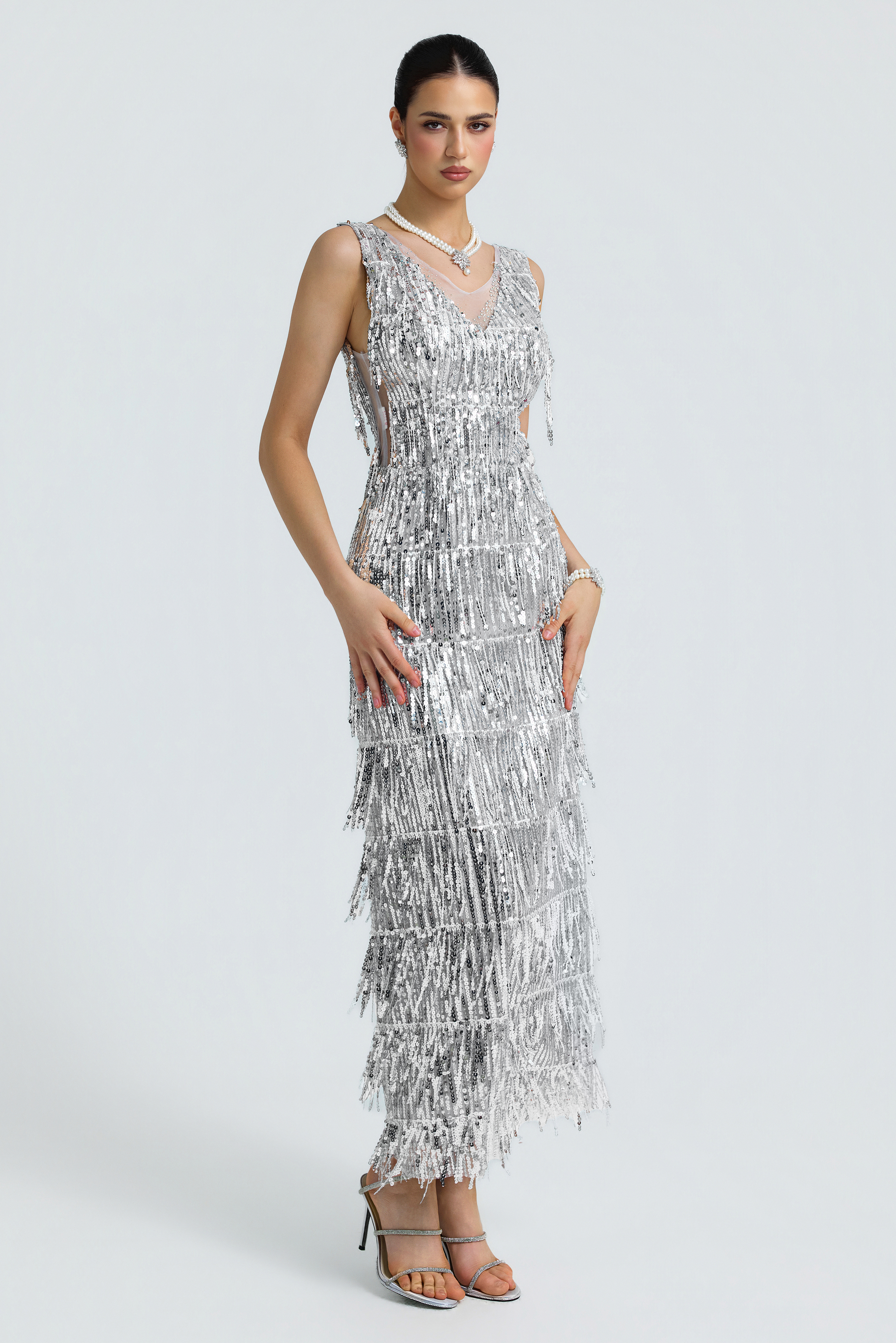Sequin Fringe Plunge Neck Side Cutout Midi Dress
