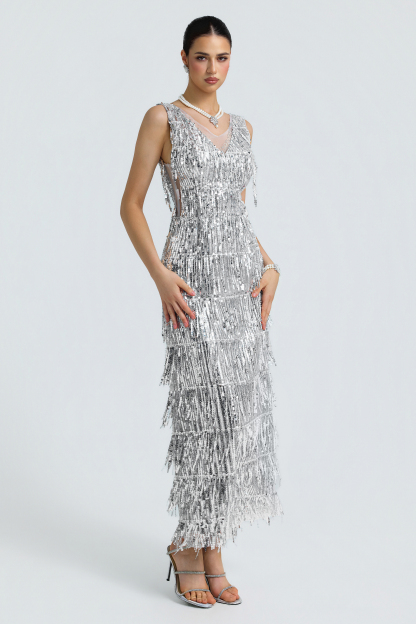 Sequin Fringe Plunge Neck Side Cutout Midi Dress