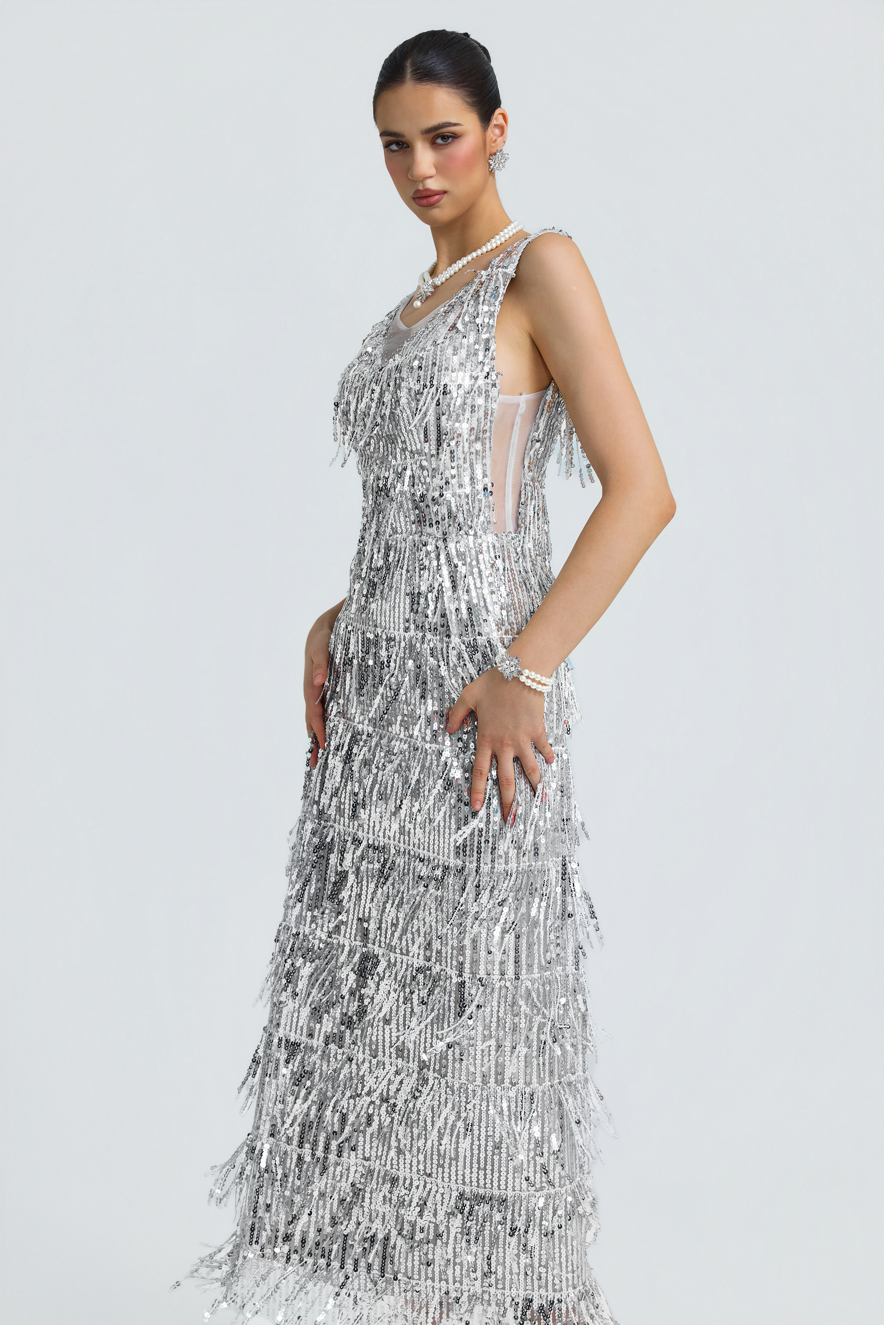 Sequin Fringe Plunge Neck Side Cutout Midi Dress