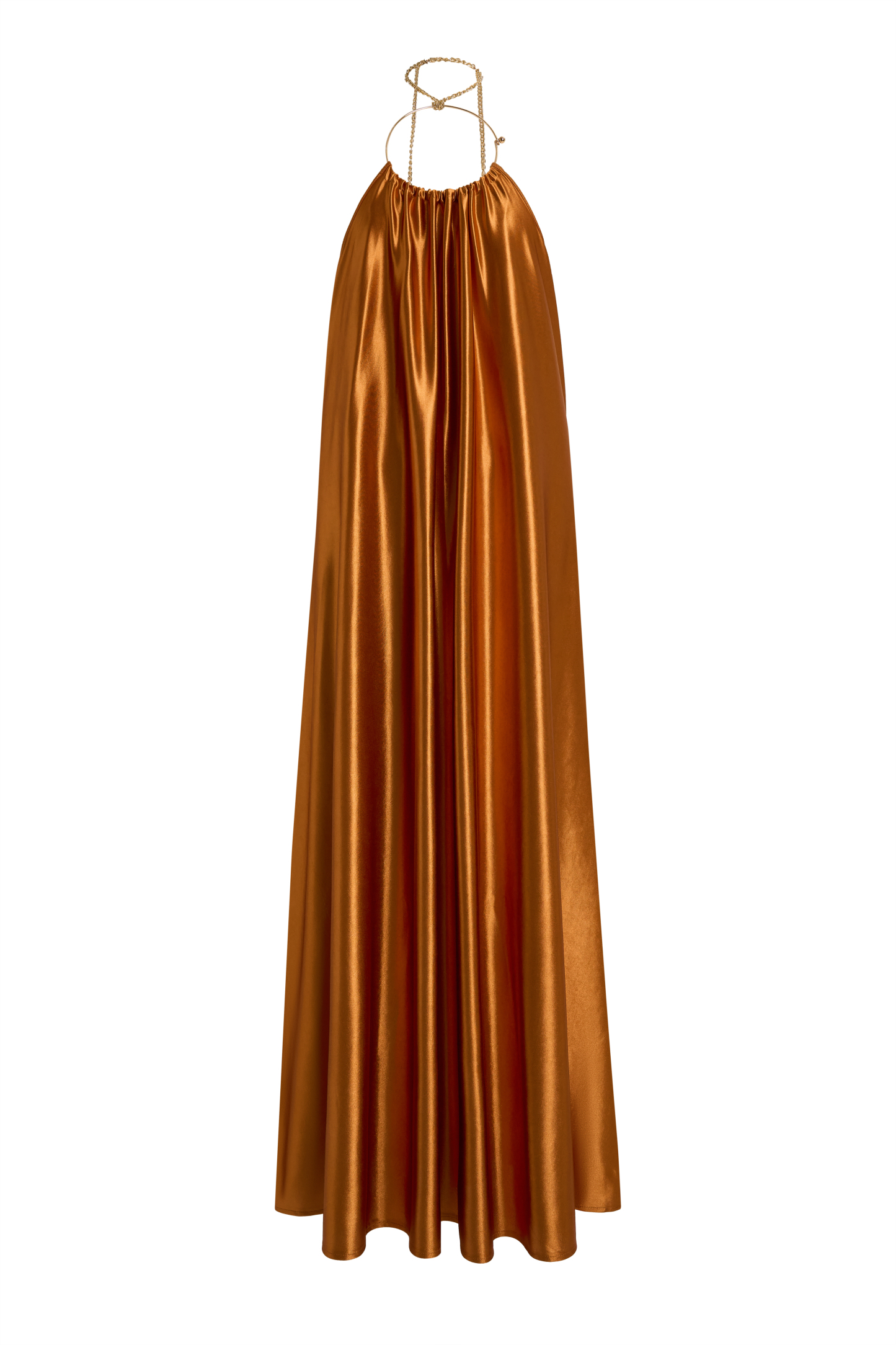 Satin Metal Ring Halter Draped Maxi Dress
