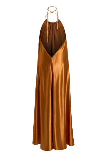 Satin Metal Ring Halter Draped Maxi Dress