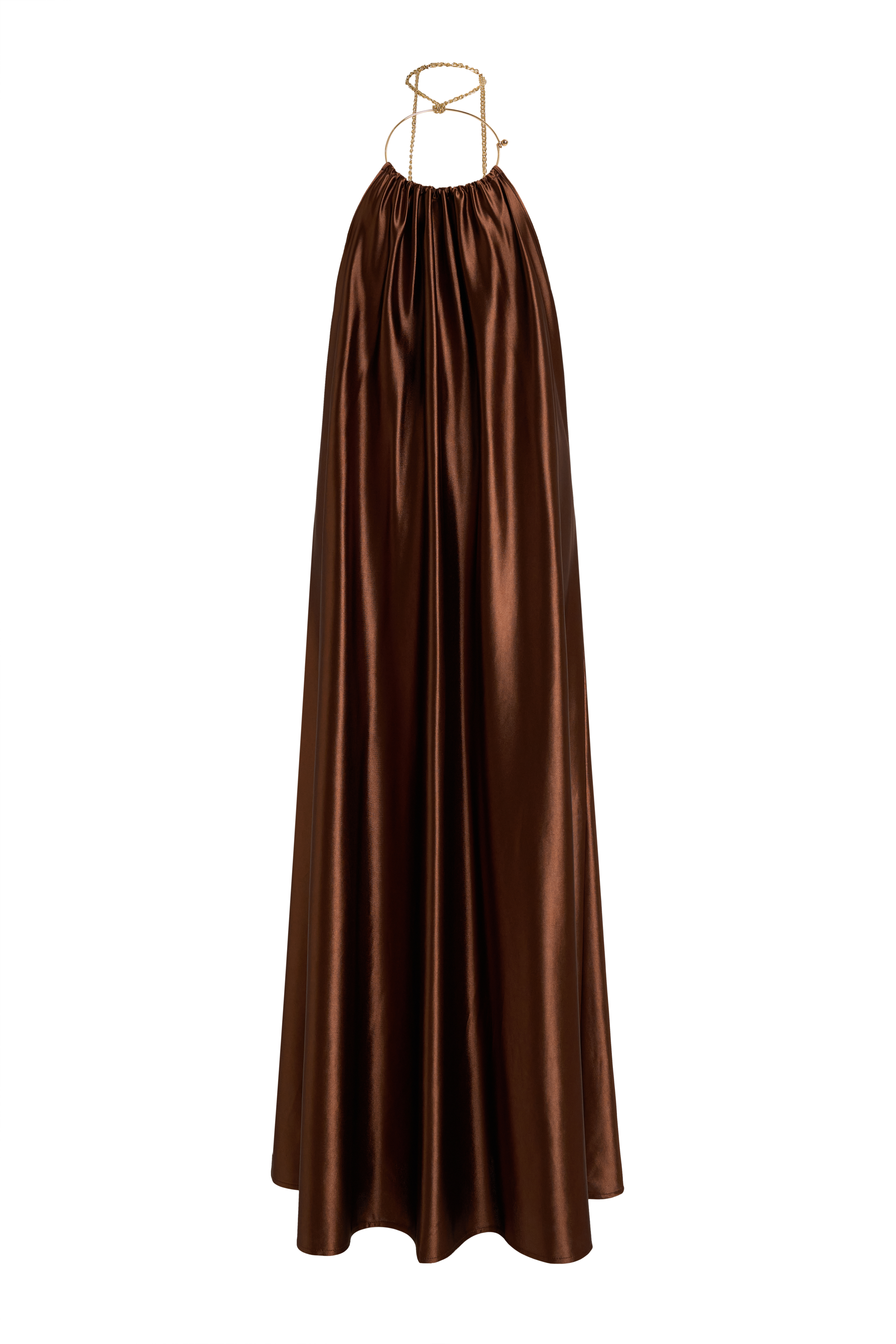 Satin Metal Ring Halter Draped Maxi Dress
