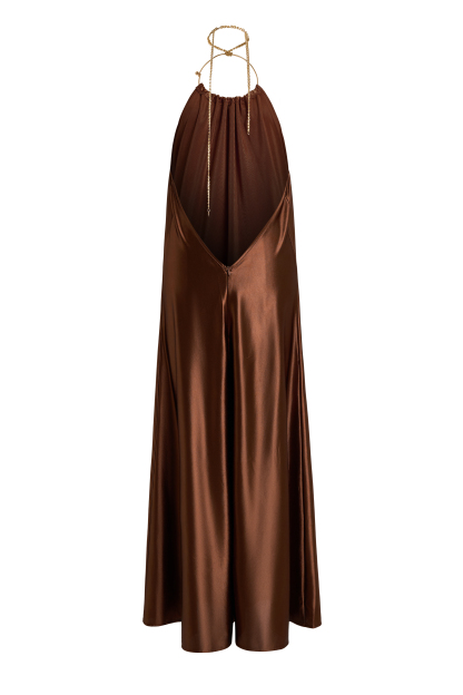 Satin Metal Ring Halter Draped Maxi Dress