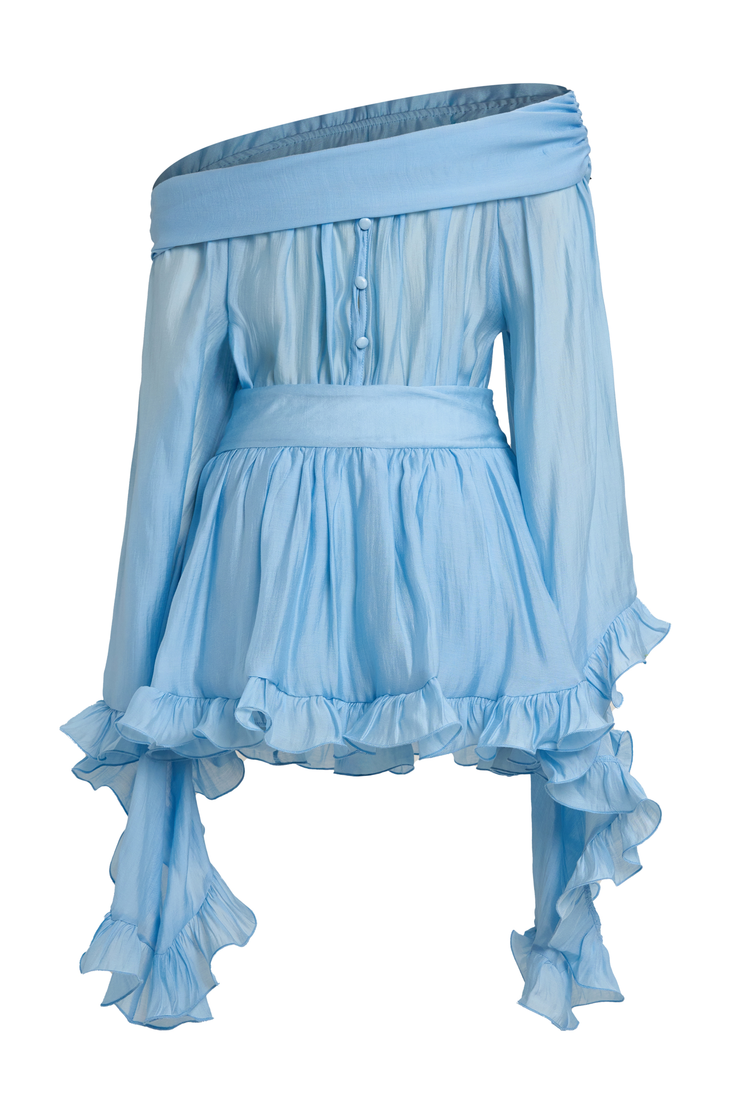 Solid Skew Collar Ruffle Top & High Waist Mini Skirt Set