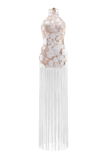 Embroidered Tassel Halter Neck Maxi Dress
