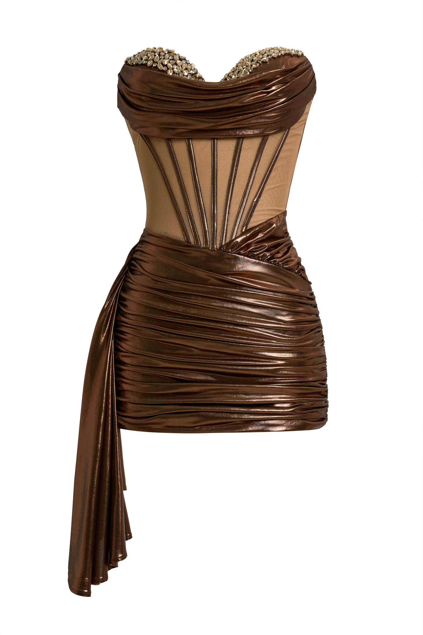 Metallic Fabric Rhinestone Rivets See-Through Mini Dress