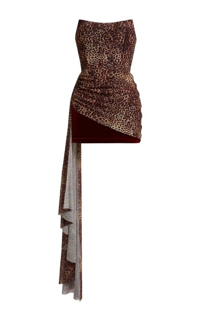 Leopard Print Mesh Splicing Velvet Mini Dress