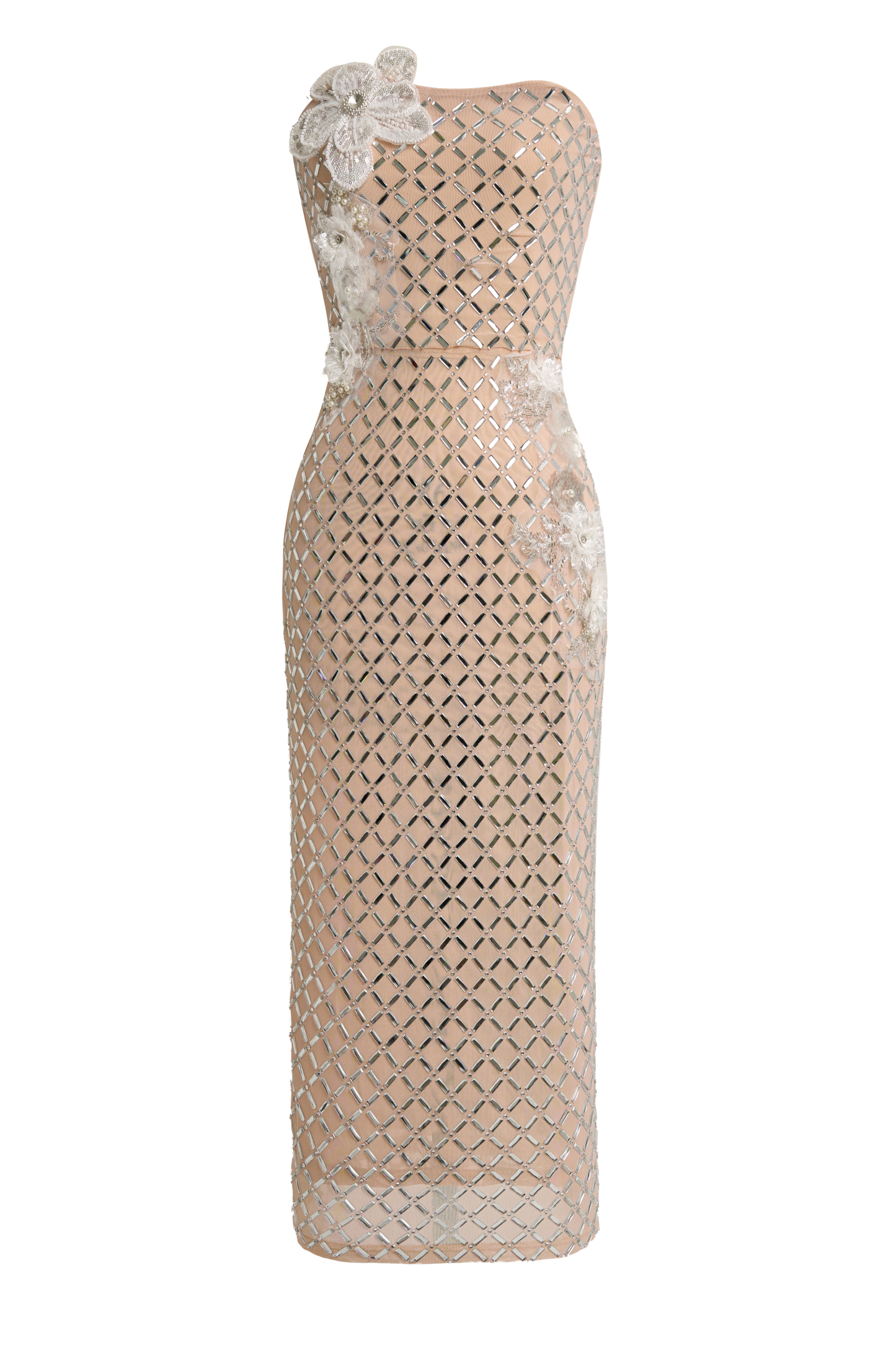 Mesh Rhinestone Stand Collar Midi Dress